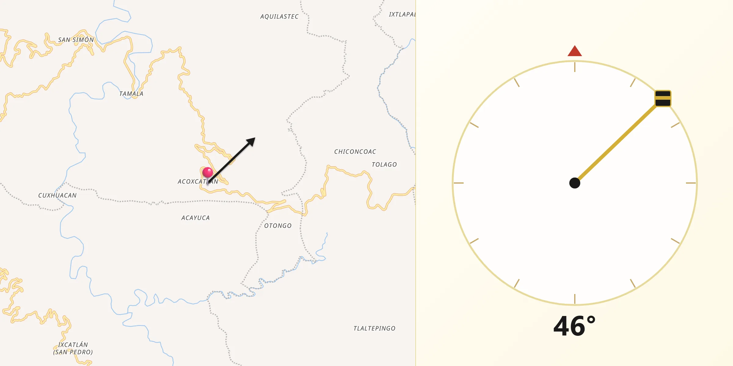 Dirección de la Qibla desde Acoxcatlán