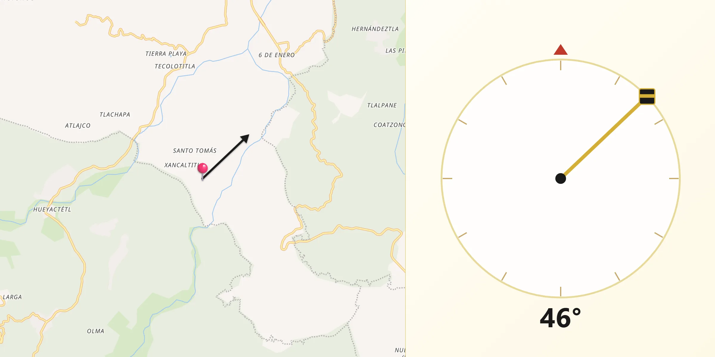 Dirección de la Qibla desde Pahactla