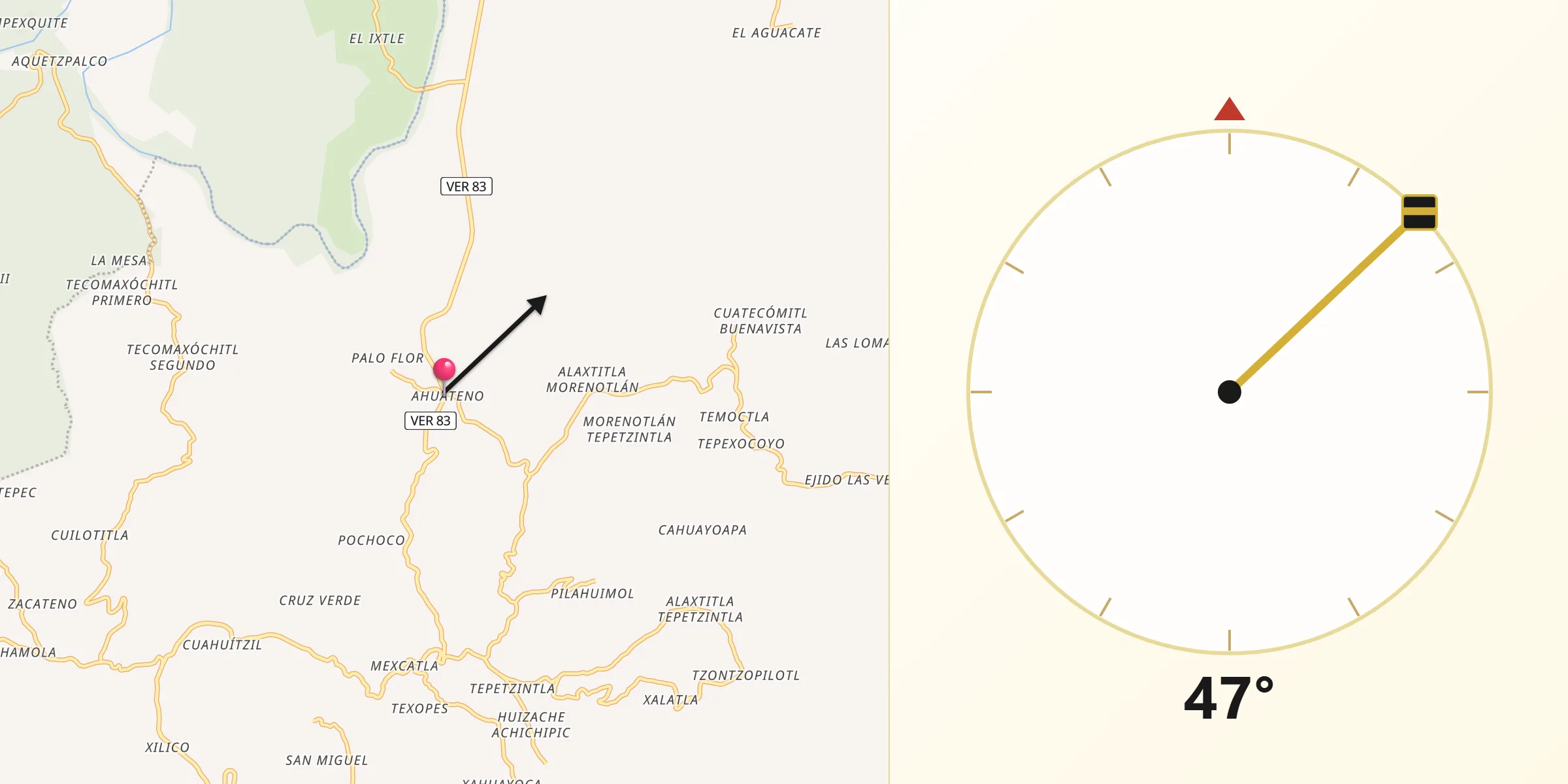 Dirección de la Qibla desde Ahuateno