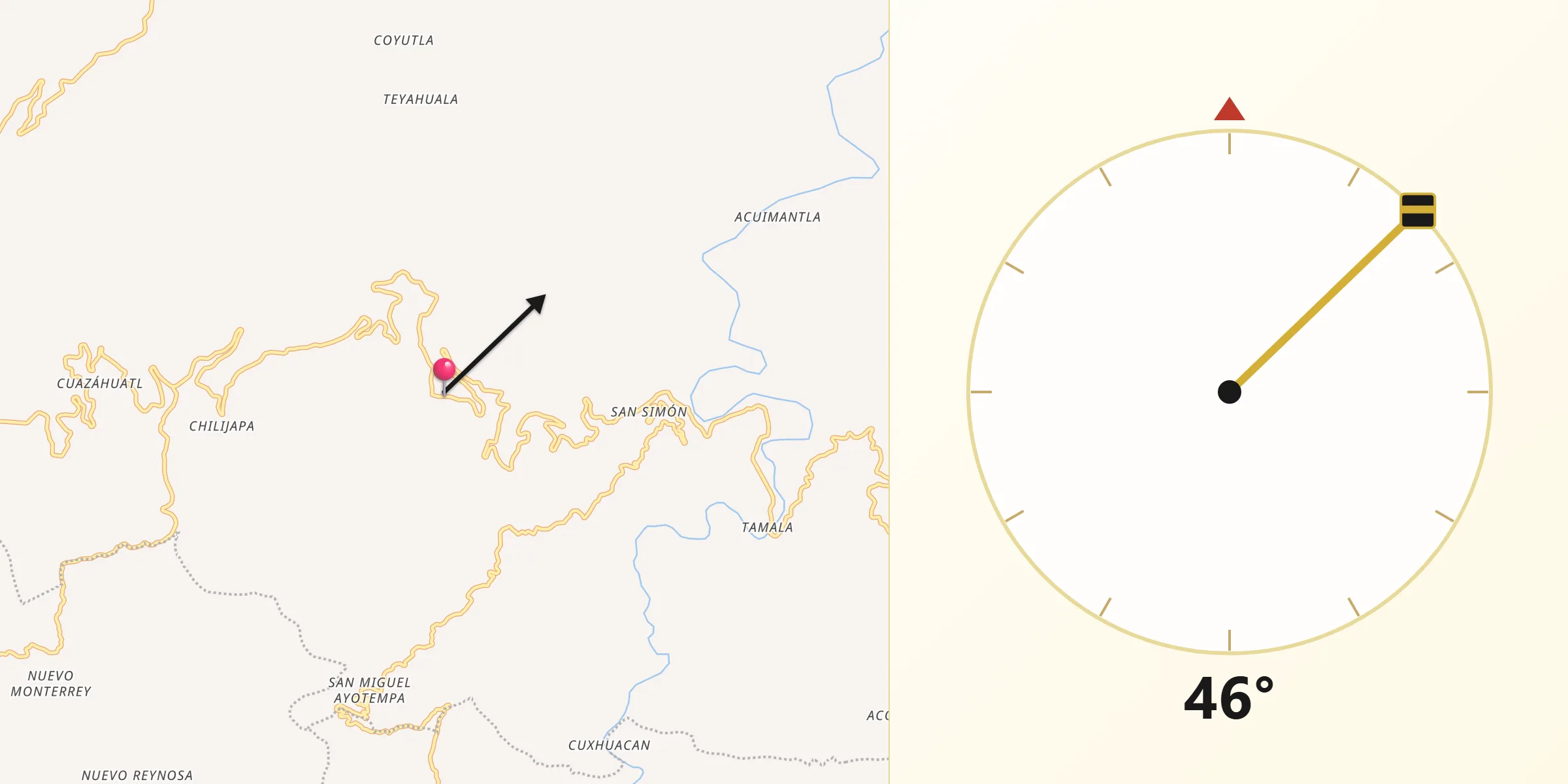Dirección de la Qibla desde Tepehuacán de Guerrero