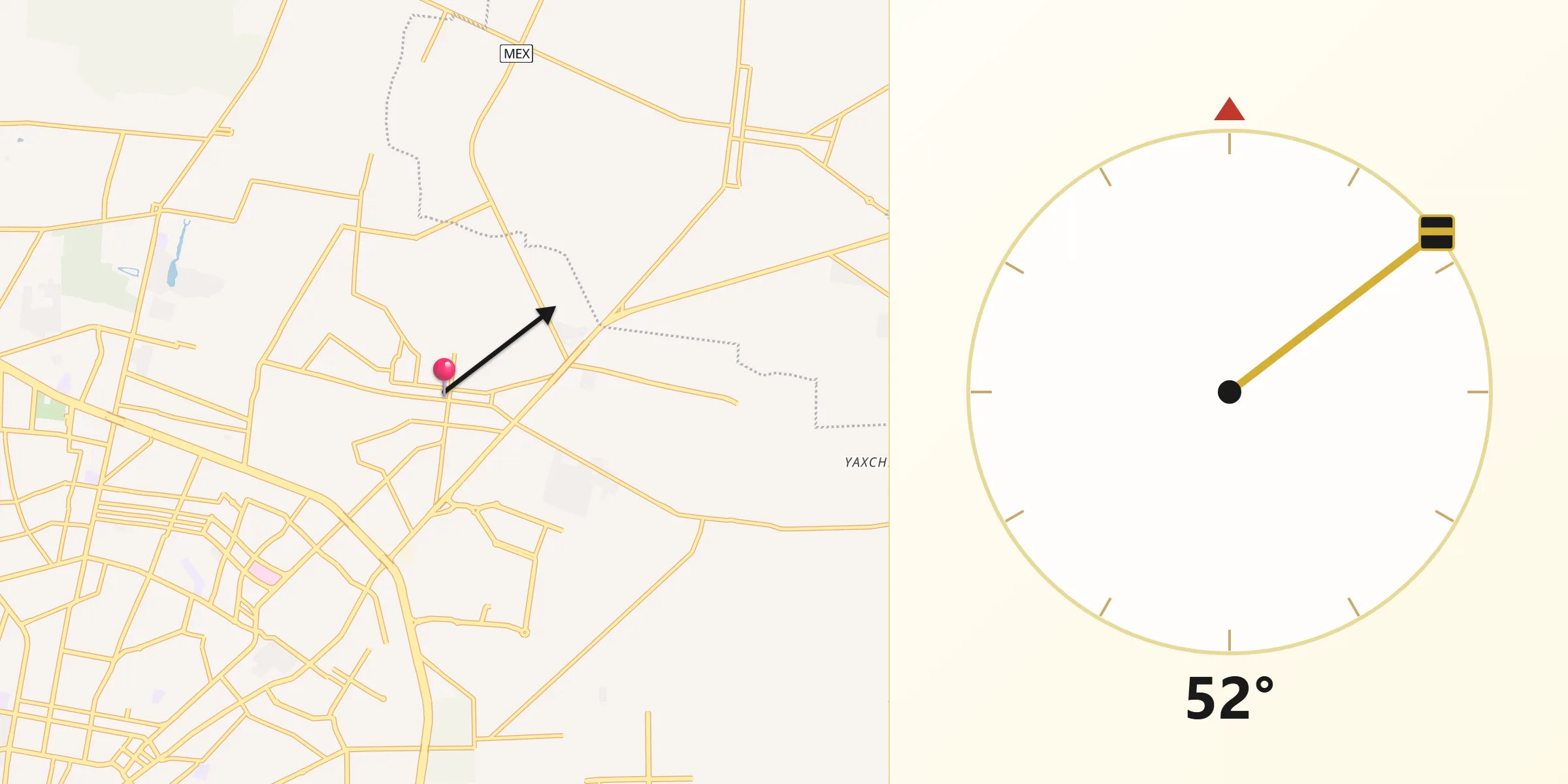 Dirección de la Qibla desde Cholul