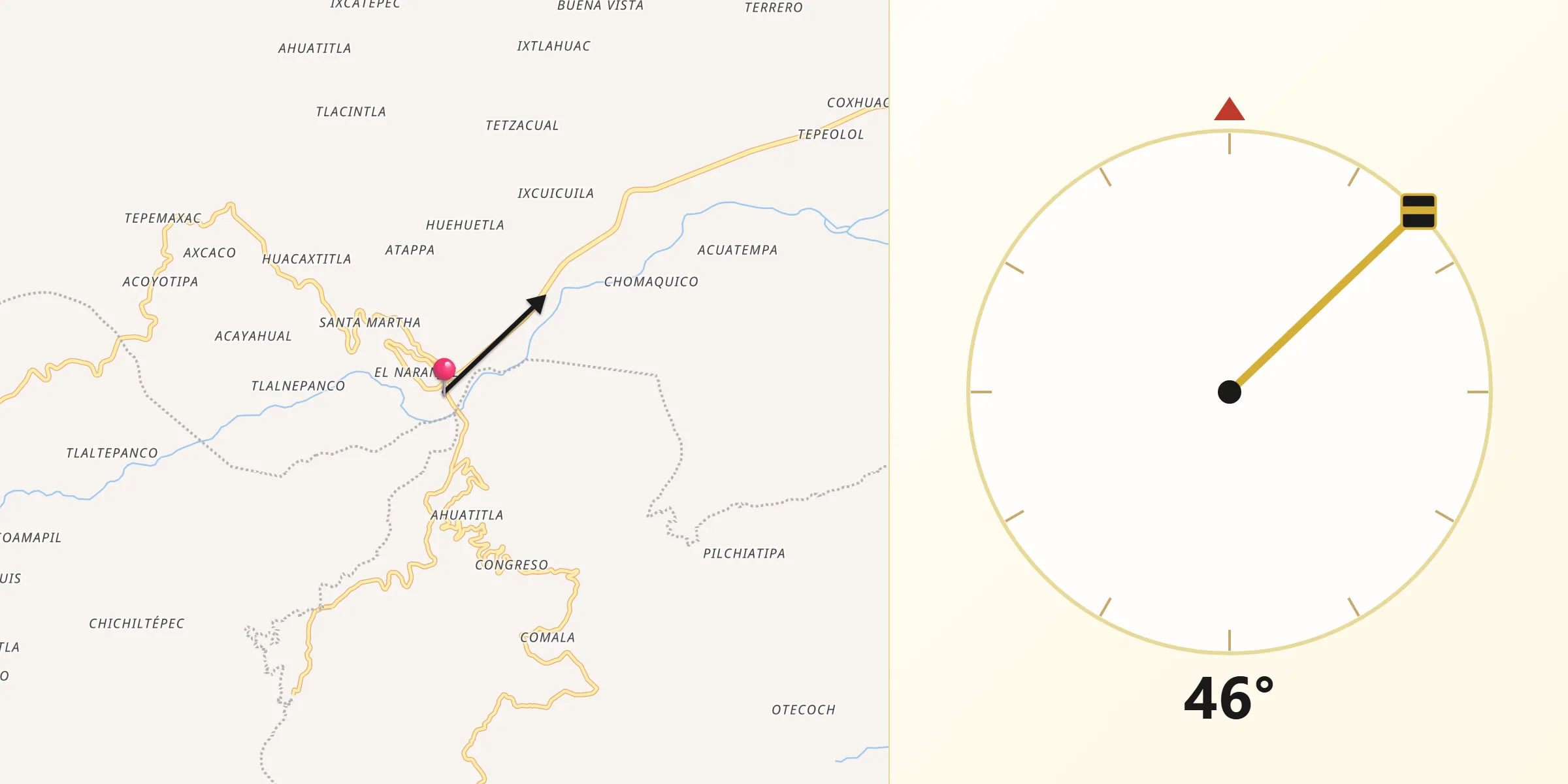 Dirección de la Qibla desde Tehuetlán