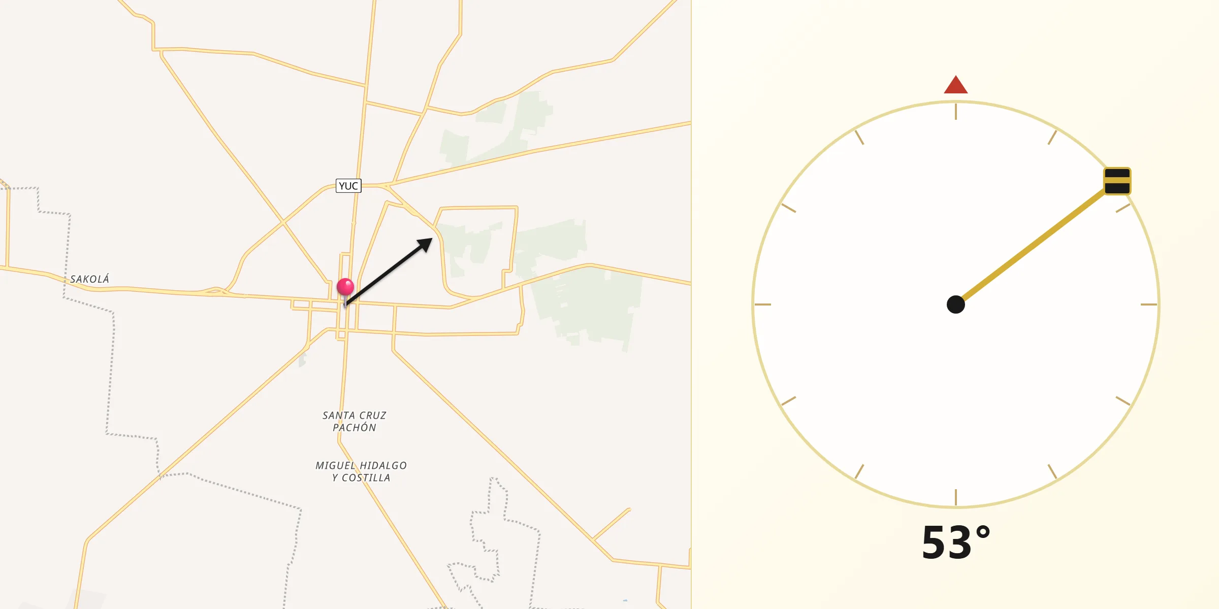Dirección de la Qibla desde Motul