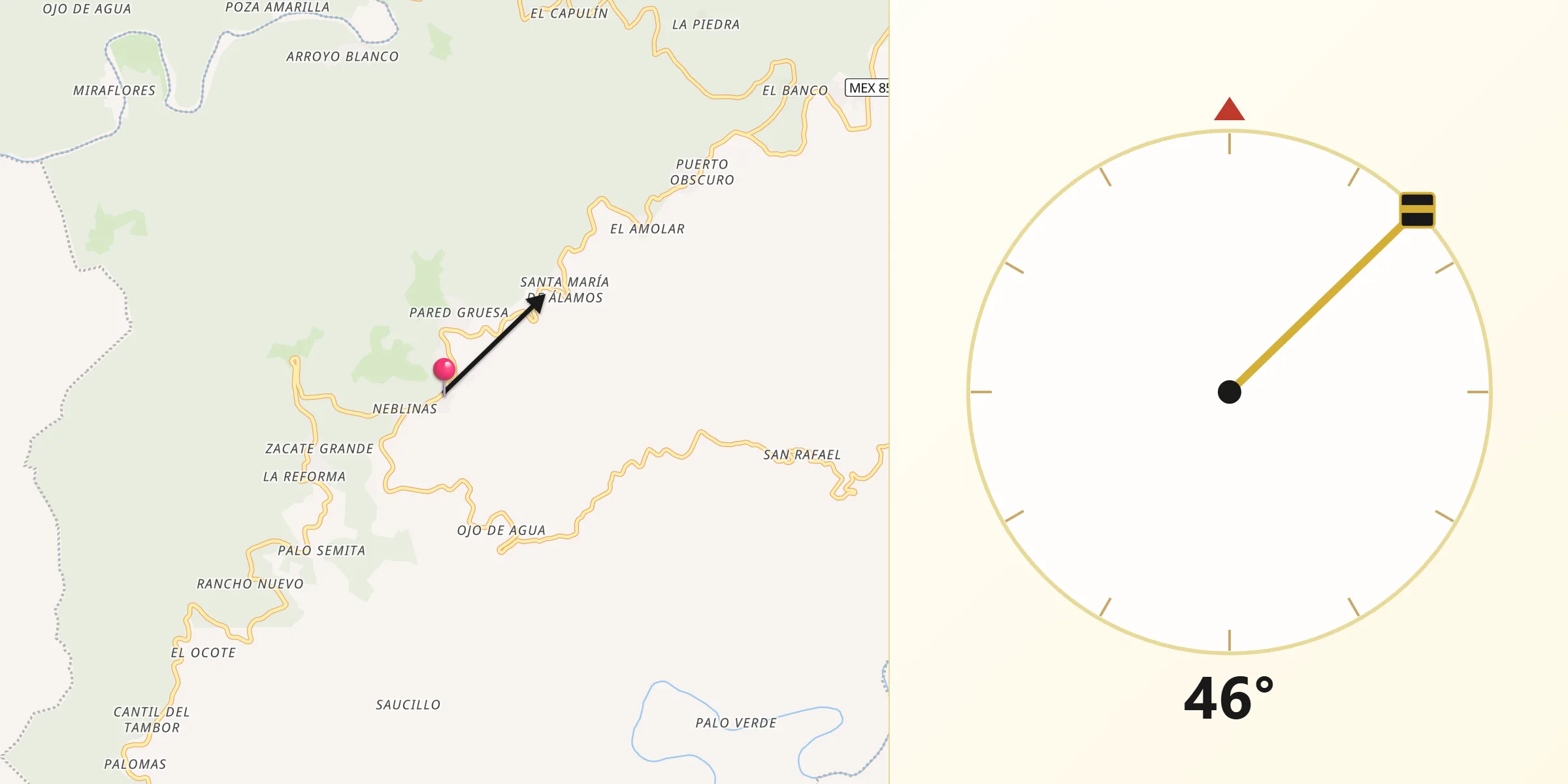 Dirección de la Qibla desde Santa Ana de Allende