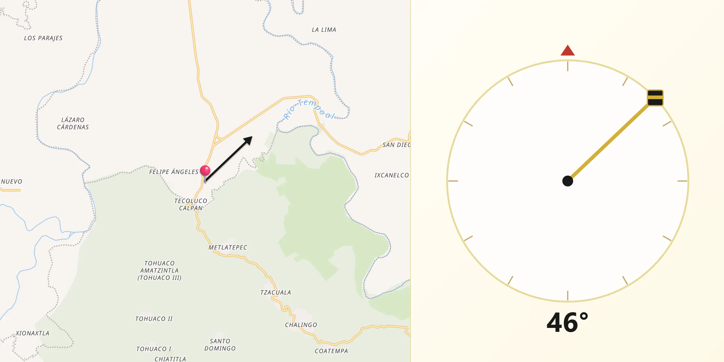 Dirección de la Qibla desde Chapopote Chico