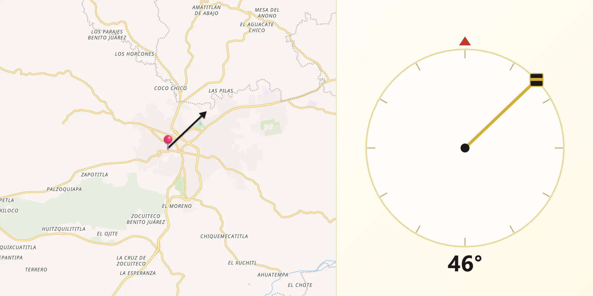 Dirección de la Qibla desde Huejutla de Reyes