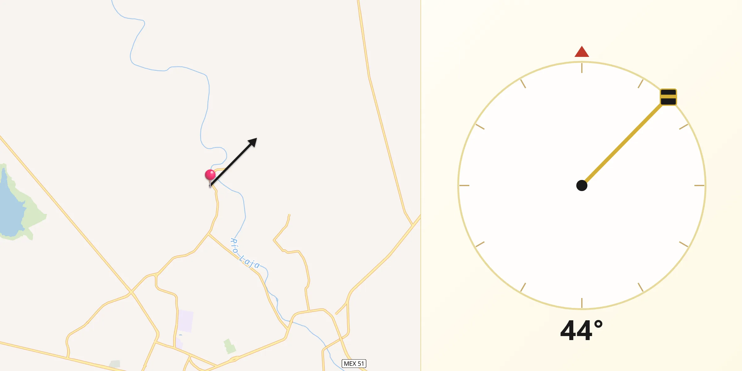 Dirección de la Qibla desde Río Laja