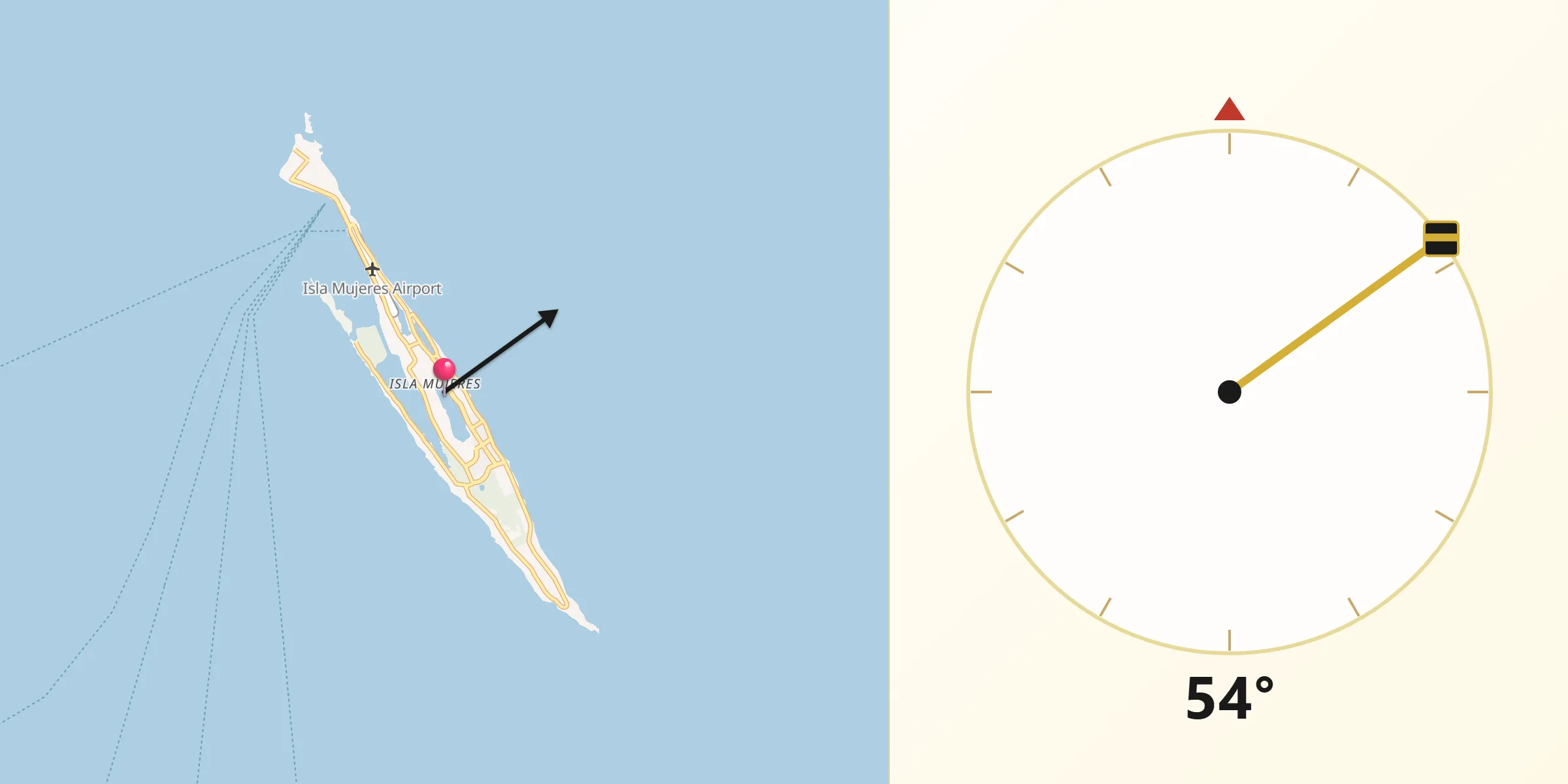 Dirección de la Qibla desde Isla Mujeres