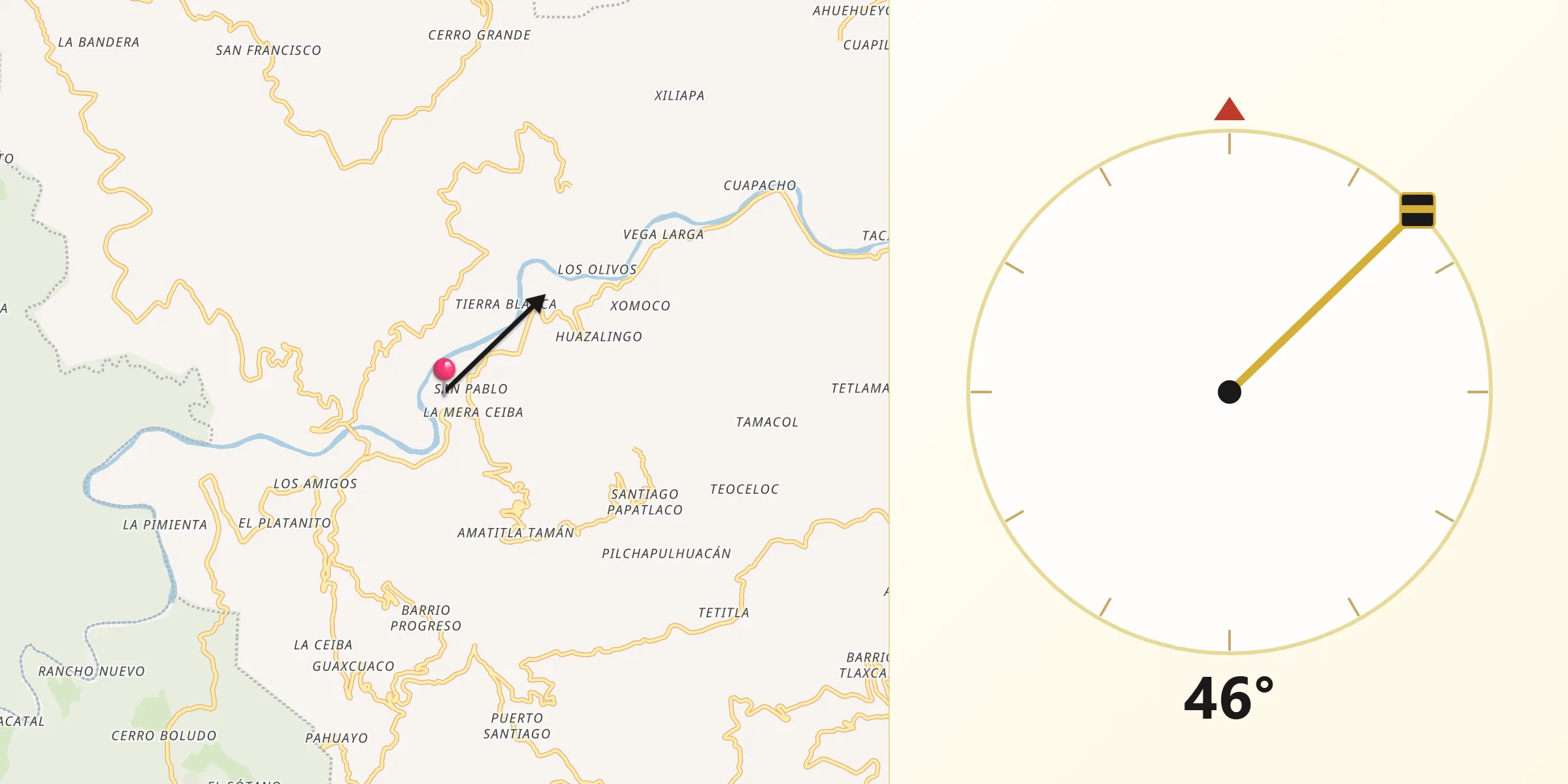 Dirección de la Qibla desde Tlacuilola