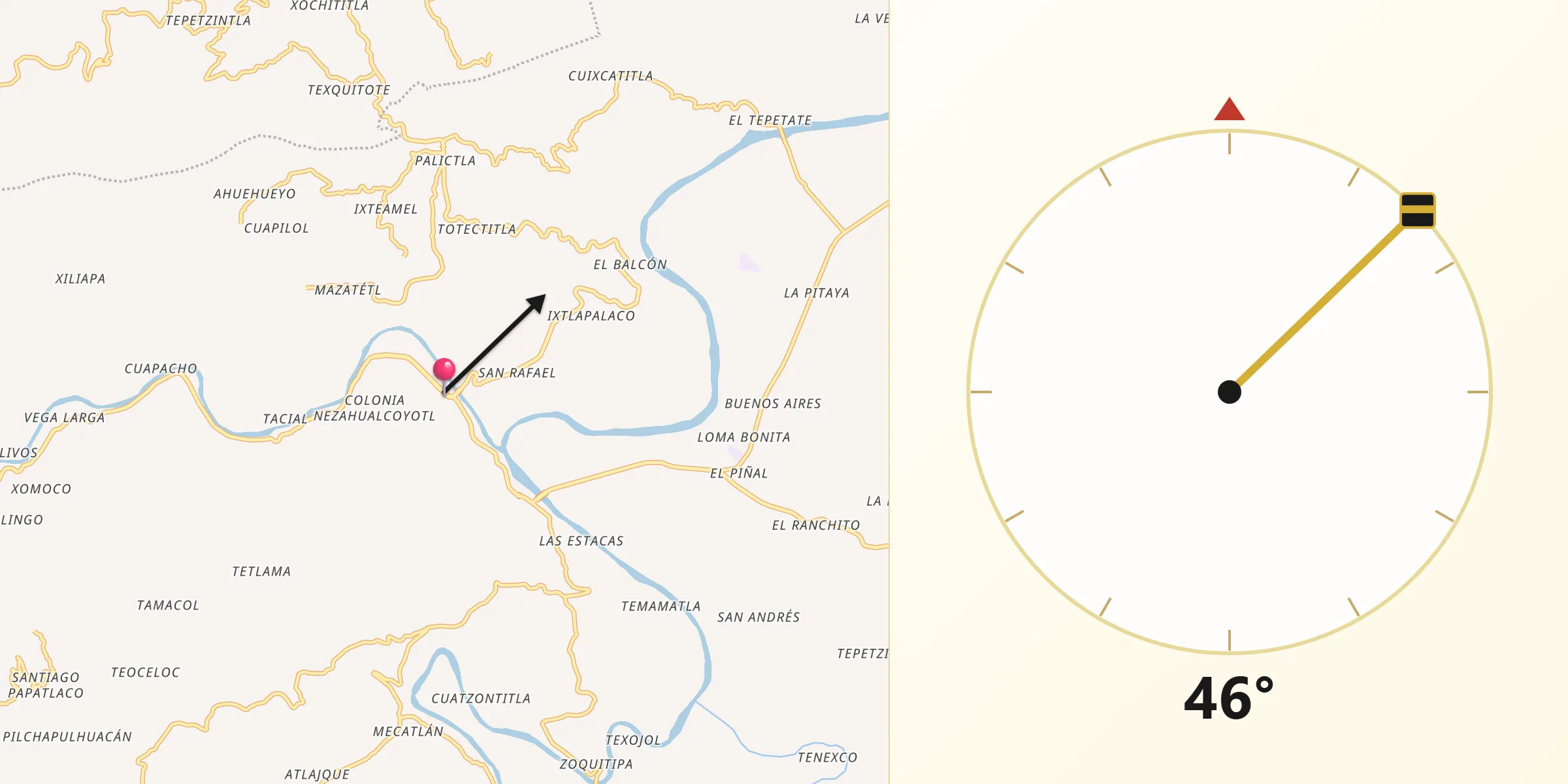 Dirección de la Qibla desde Tamazunchale