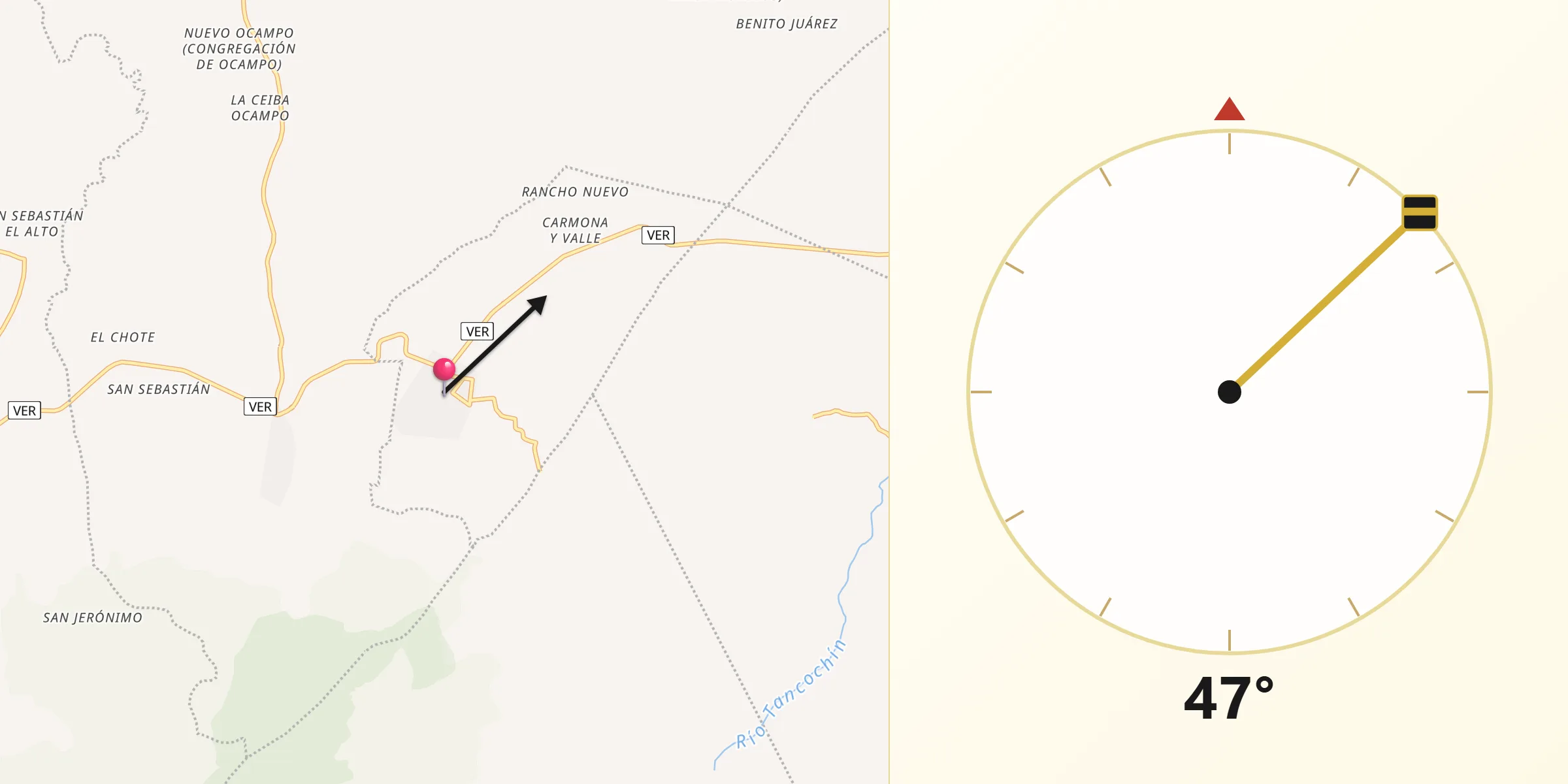 Dirección de la Qibla desde Tamalín