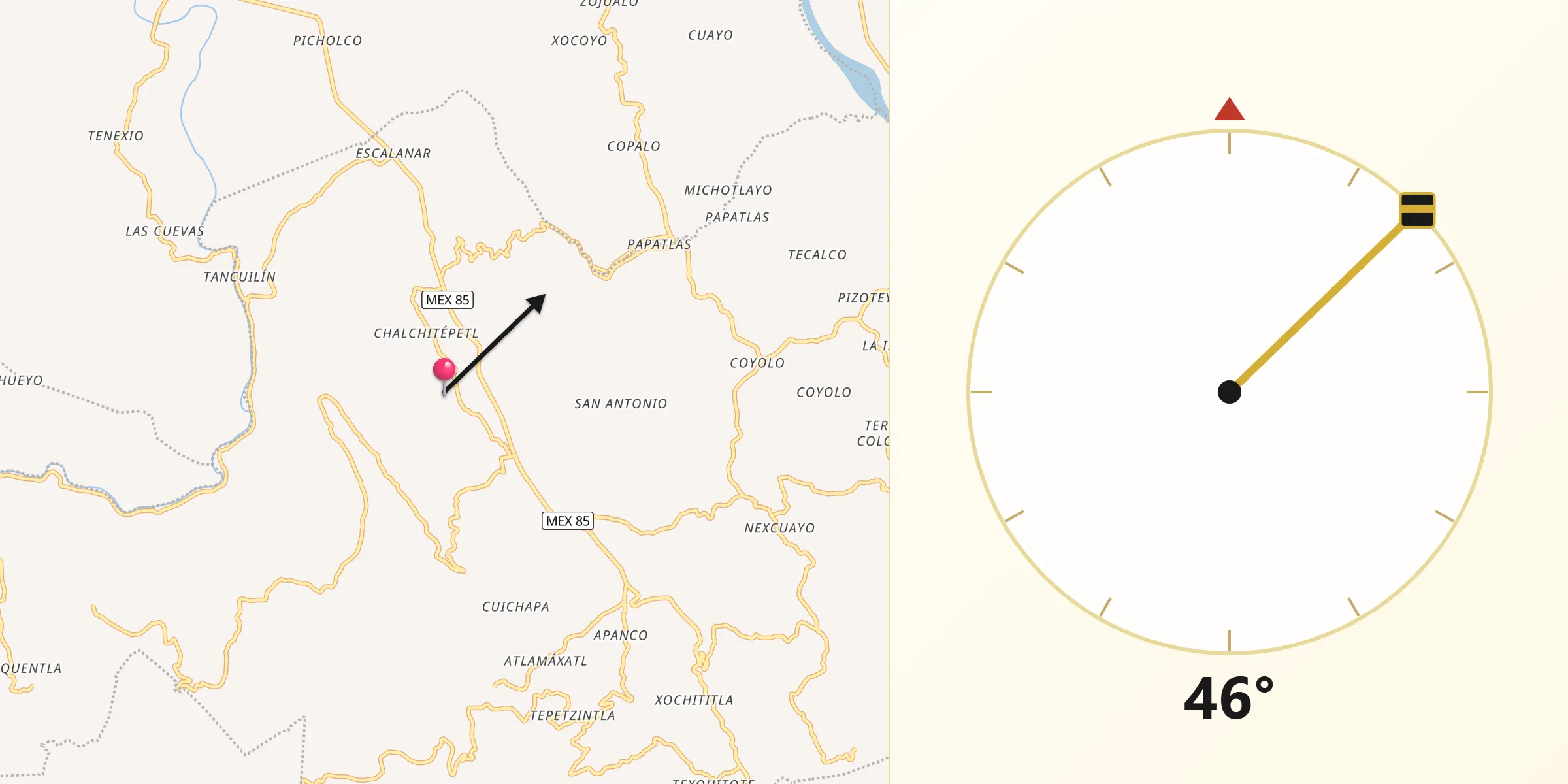 Dirección de la Qibla desde Ahuehueyo Primero Centro