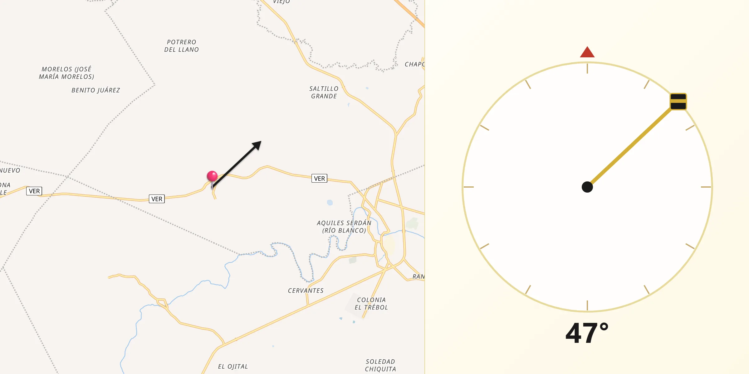 Dirección de la Qibla desde Chinampa de Gorostiza
