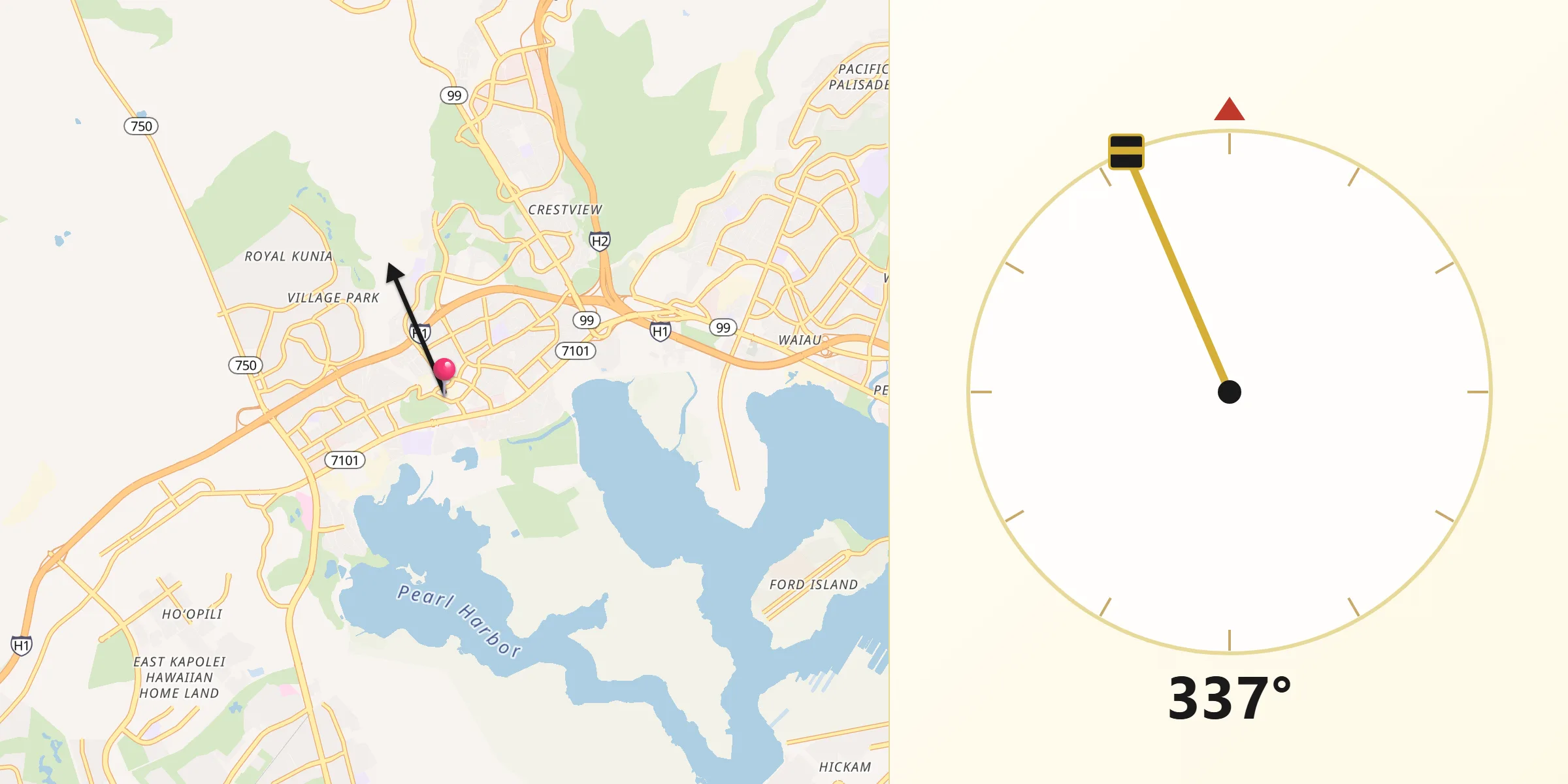 Qibla Direction from Waipahu