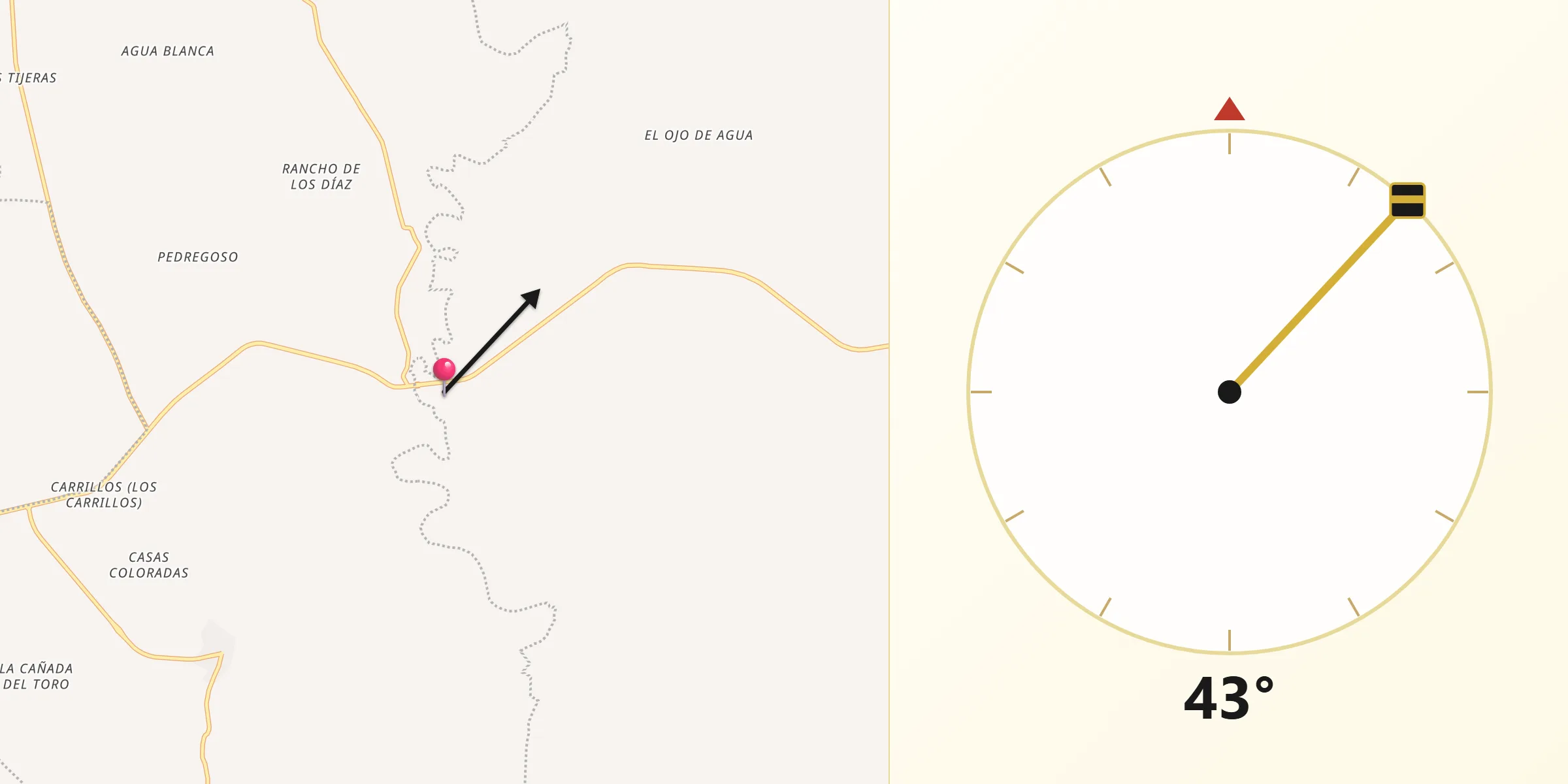 Dirección de la Qibla desde Ahuetita de Abajo
