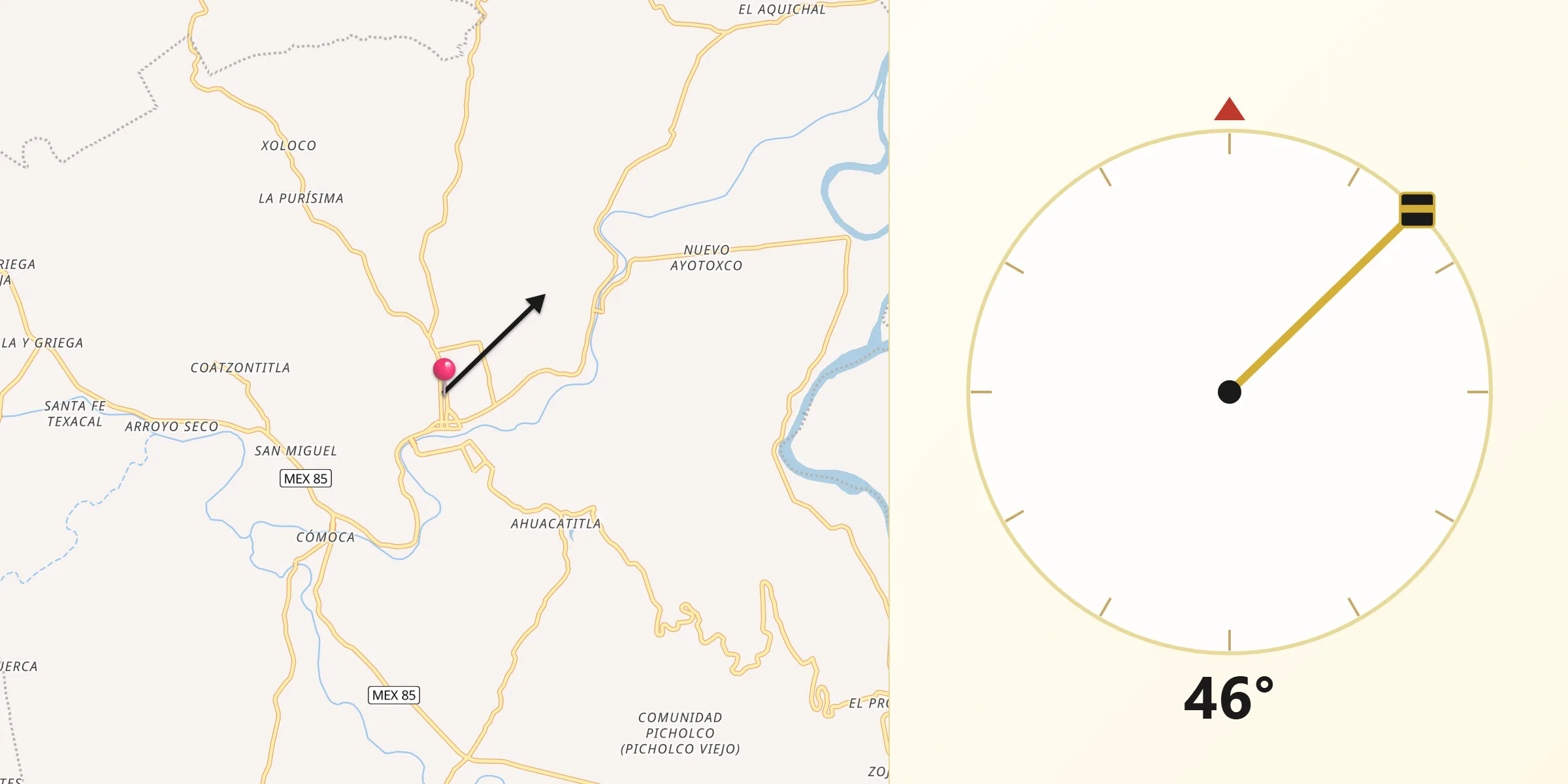 Dirección de la Qibla desde Axtla de Terrazas