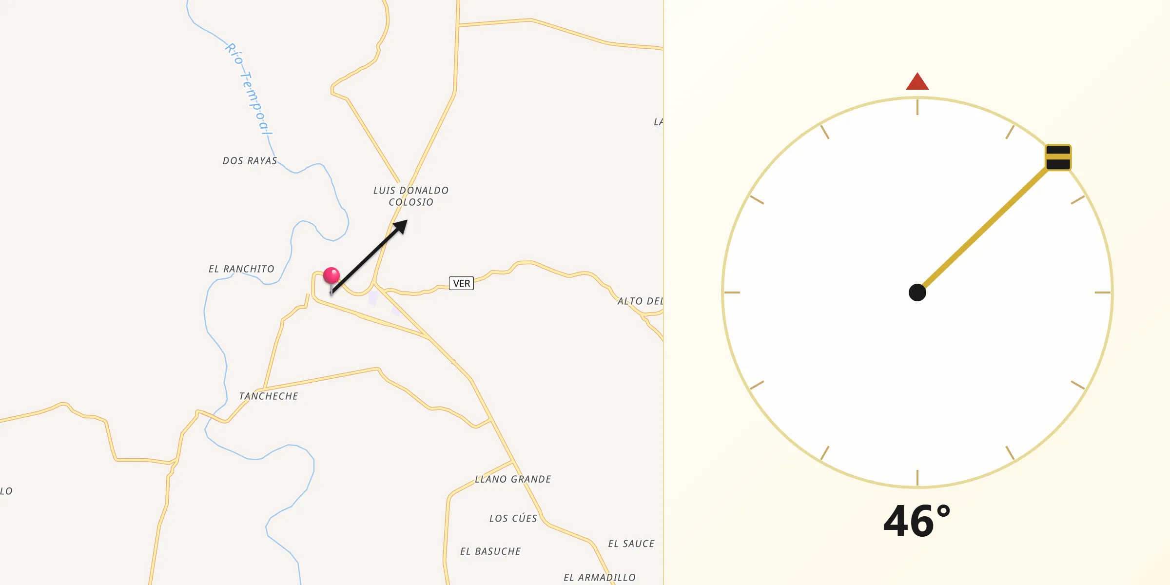 Dirección de la Qibla desde Tempoal de Sánchez