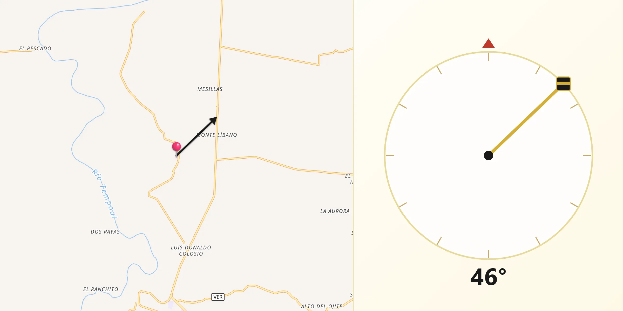 Dirección de la Qibla desde Tempoal