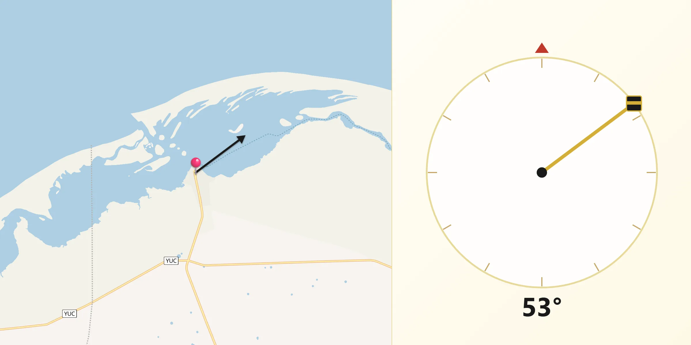 Dirección de la Qibla desde Río Lagartos