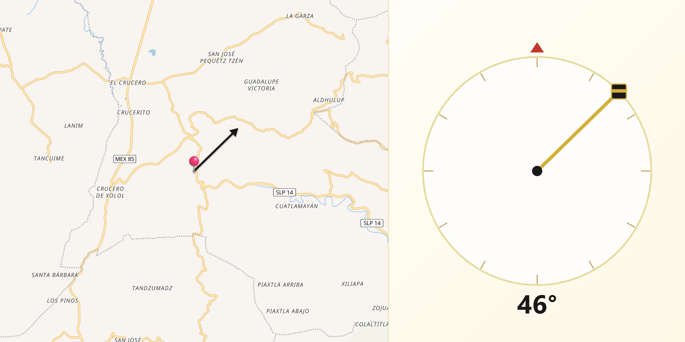Dirección de la Qibla desde Tancanhuitz