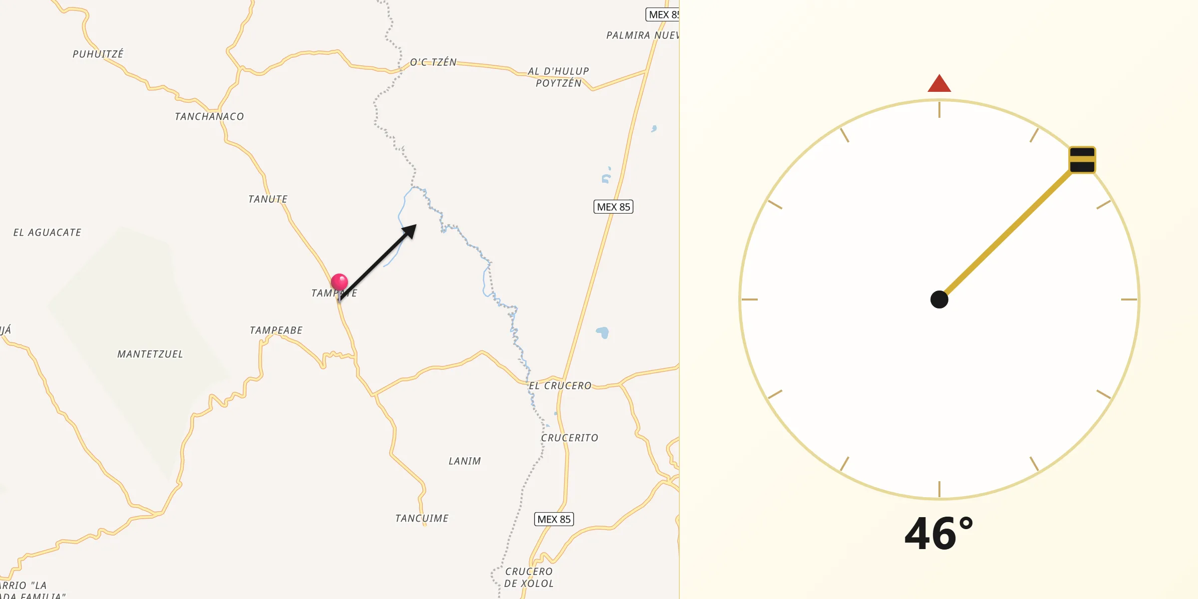 Dirección de la Qibla desde Tampate