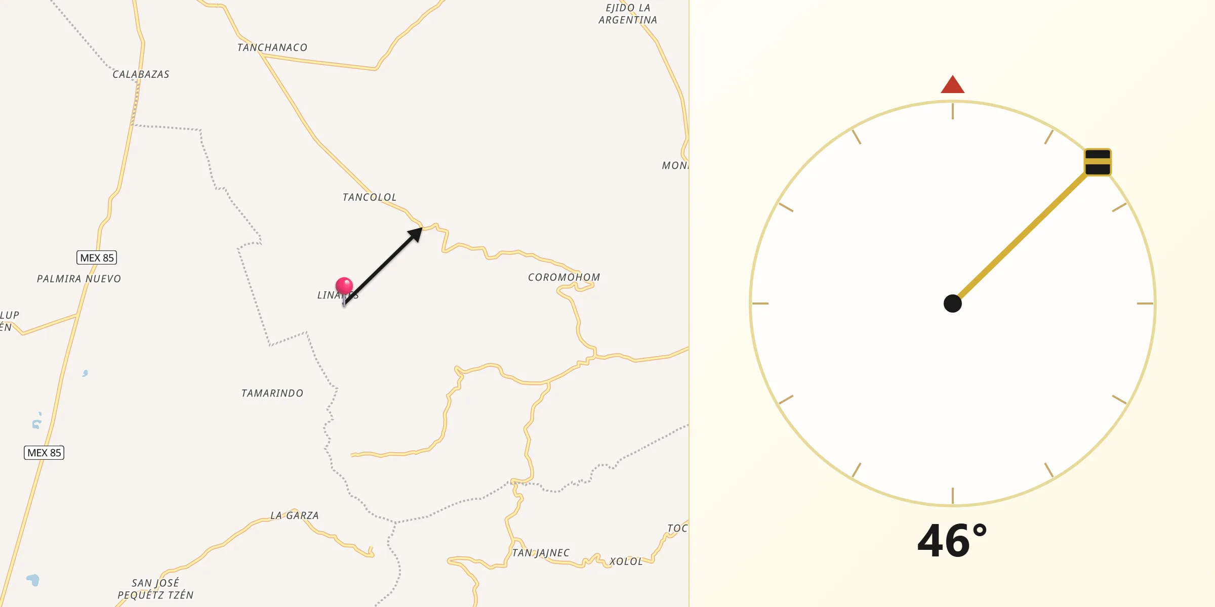 Dirección de la Qibla desde Ejido San José Xilatzén