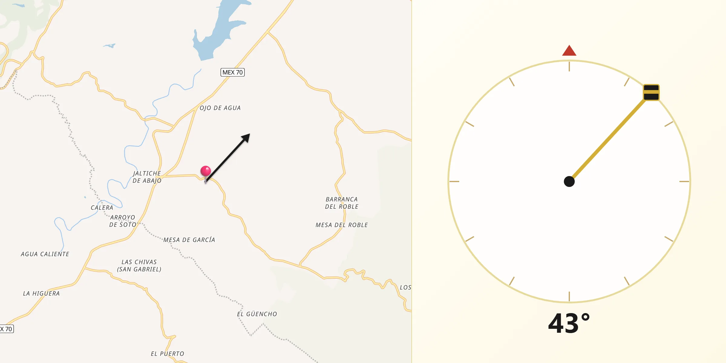 Dirección de la Qibla desde Jaltiche de Arriba