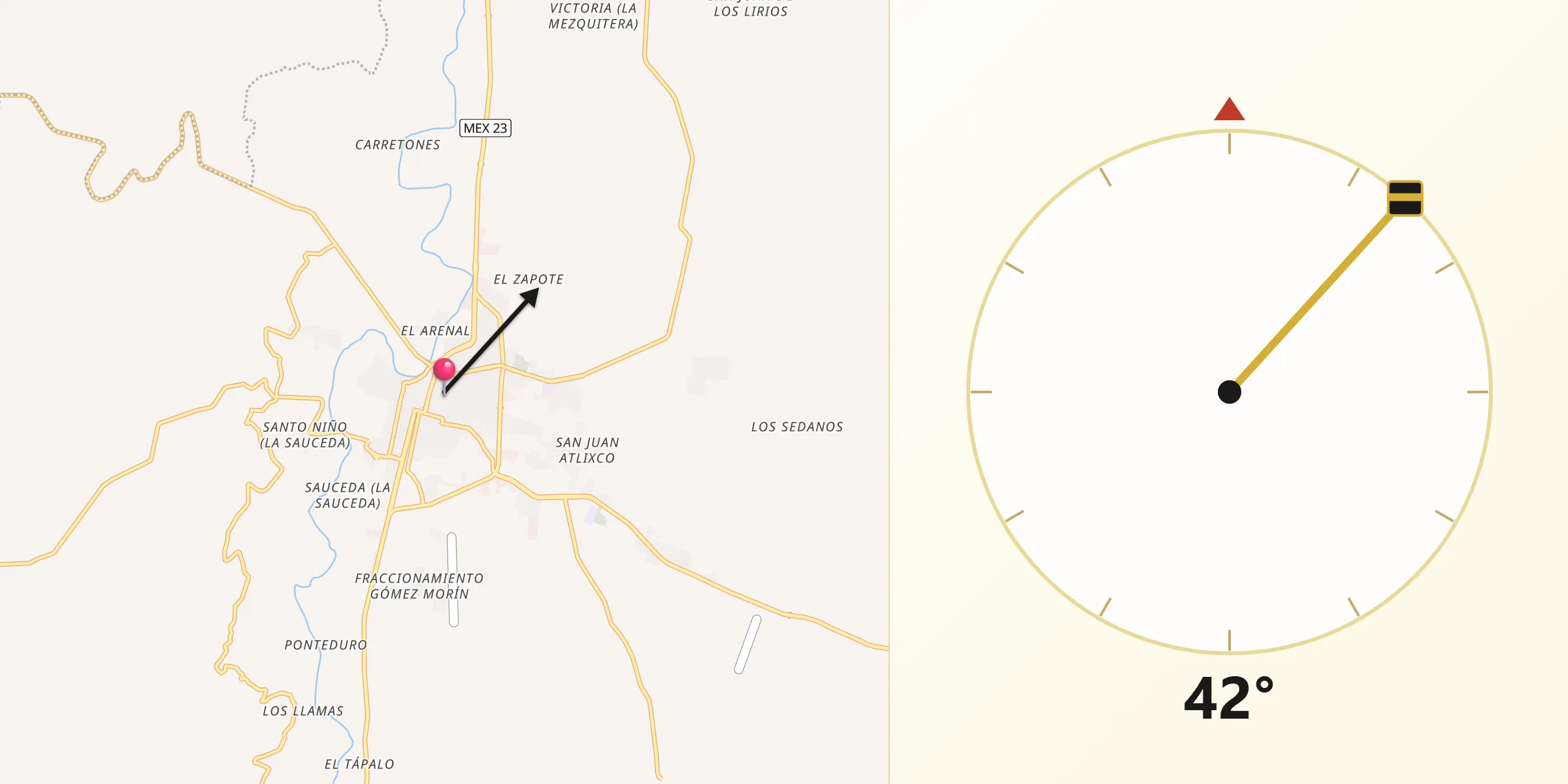Dirección de la Qibla desde Tlaltenango de Sánchez Román
