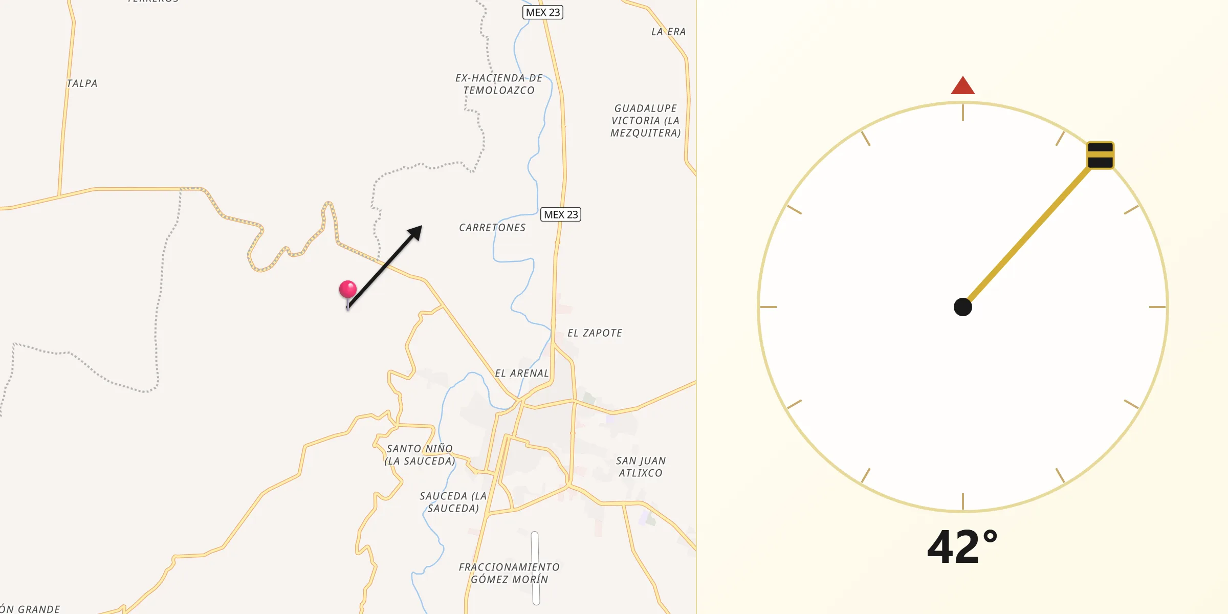 Dirección de la Qibla desde Totatiche