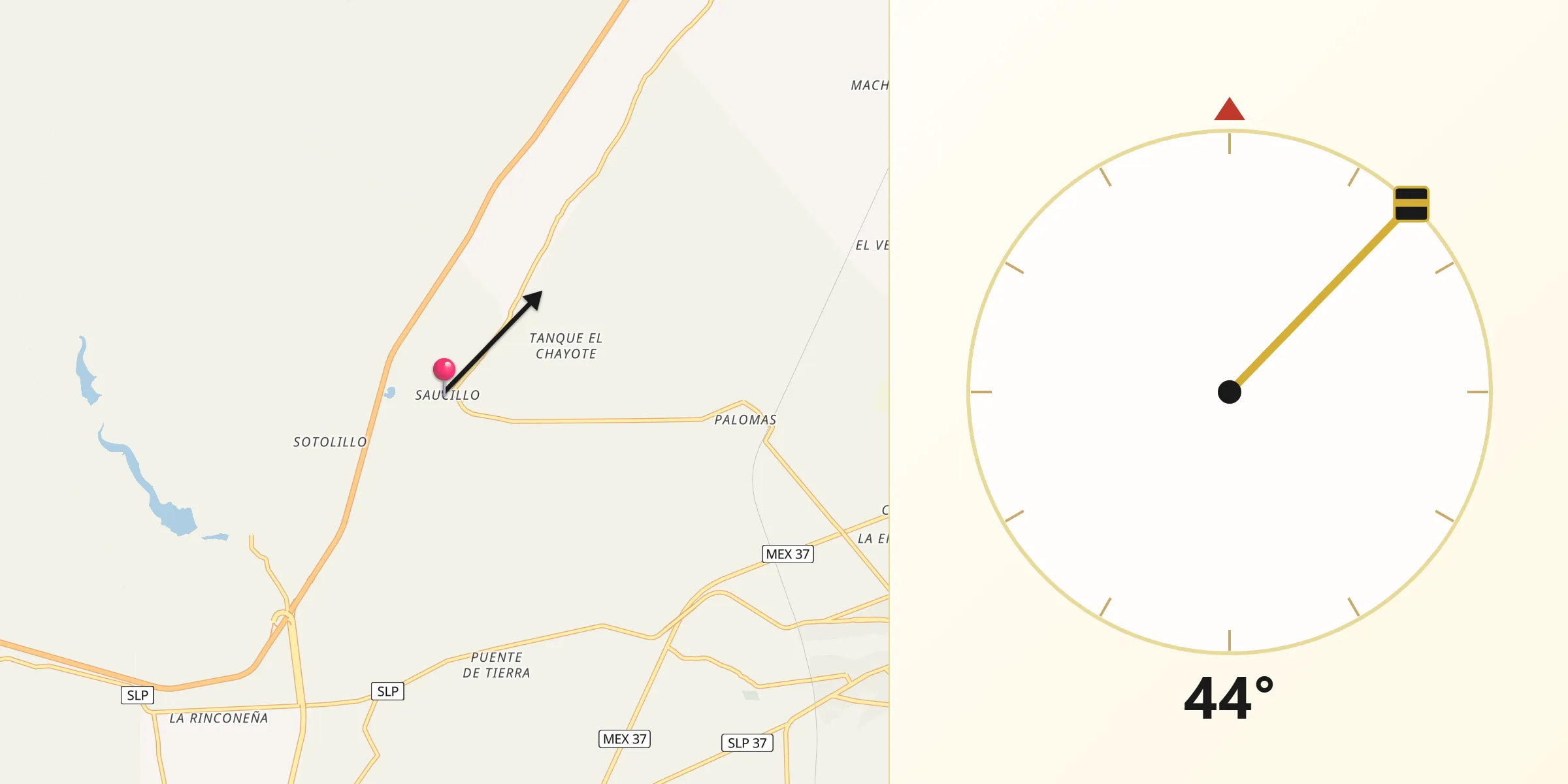 Dirección de la Qibla desde Ejido el Saucillo