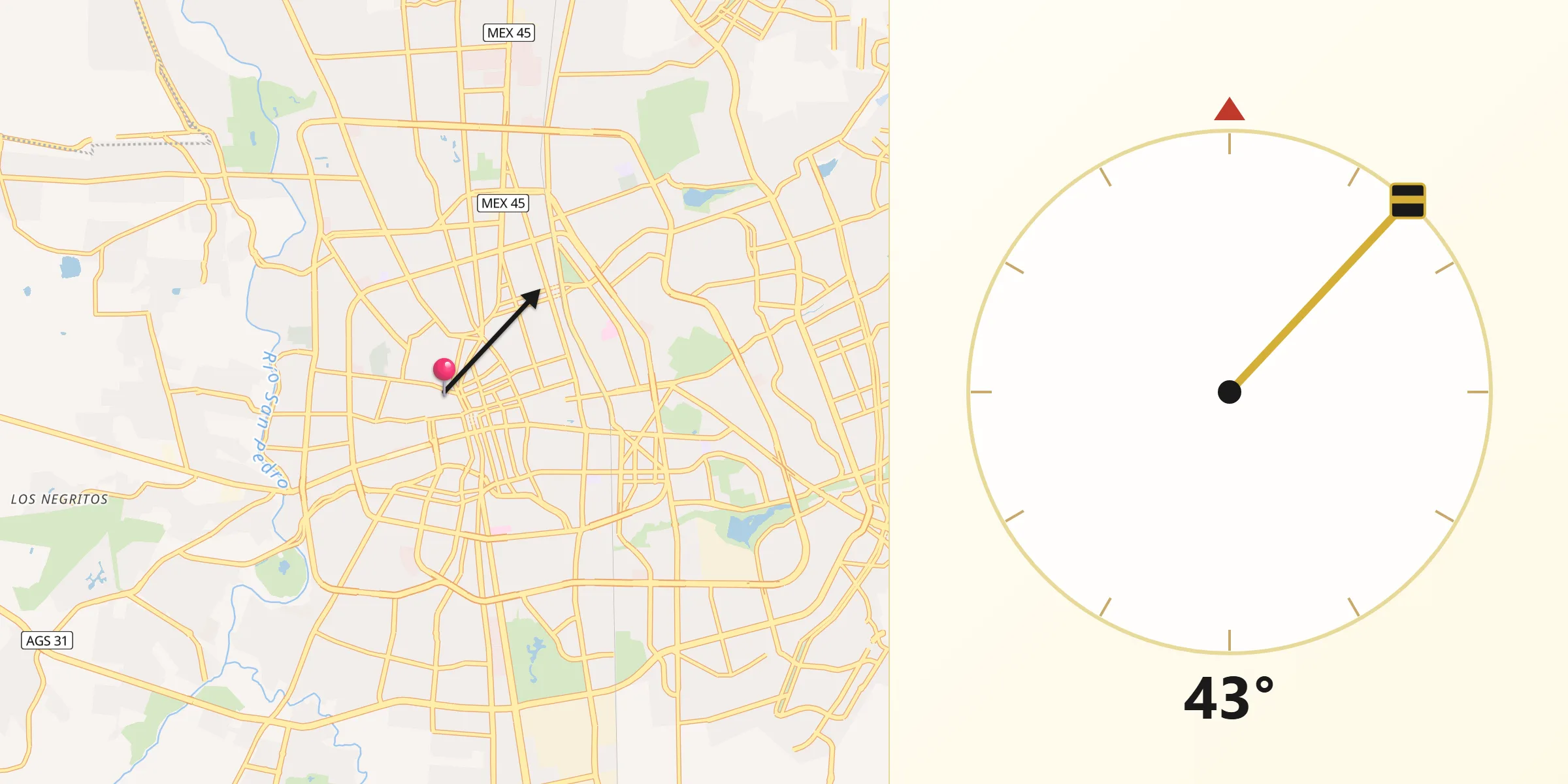 Dirección de la Qibla desde Aguascalientes