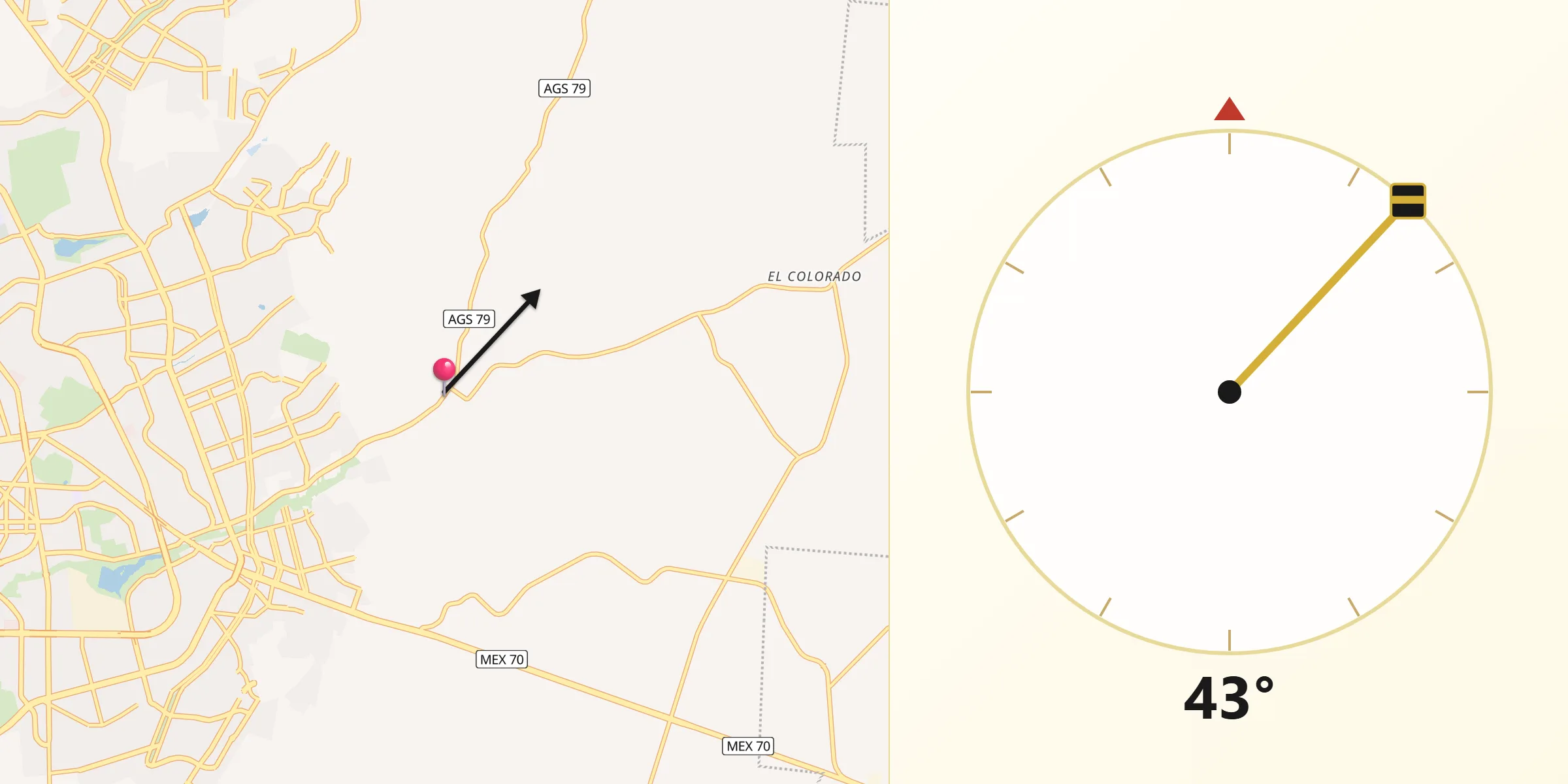 Dirección de la Qibla desde Las Norias de Ojocaliente