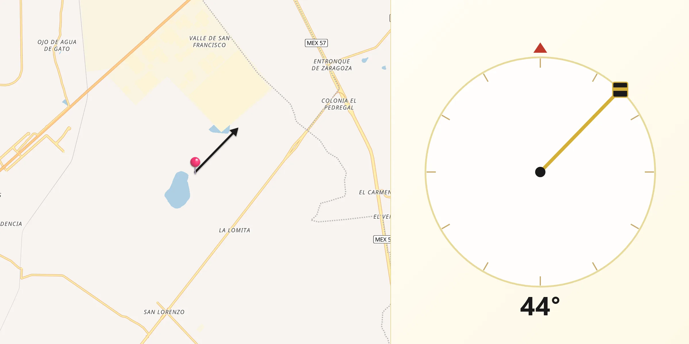 Dirección de la Qibla desde Laguna de San Vicente