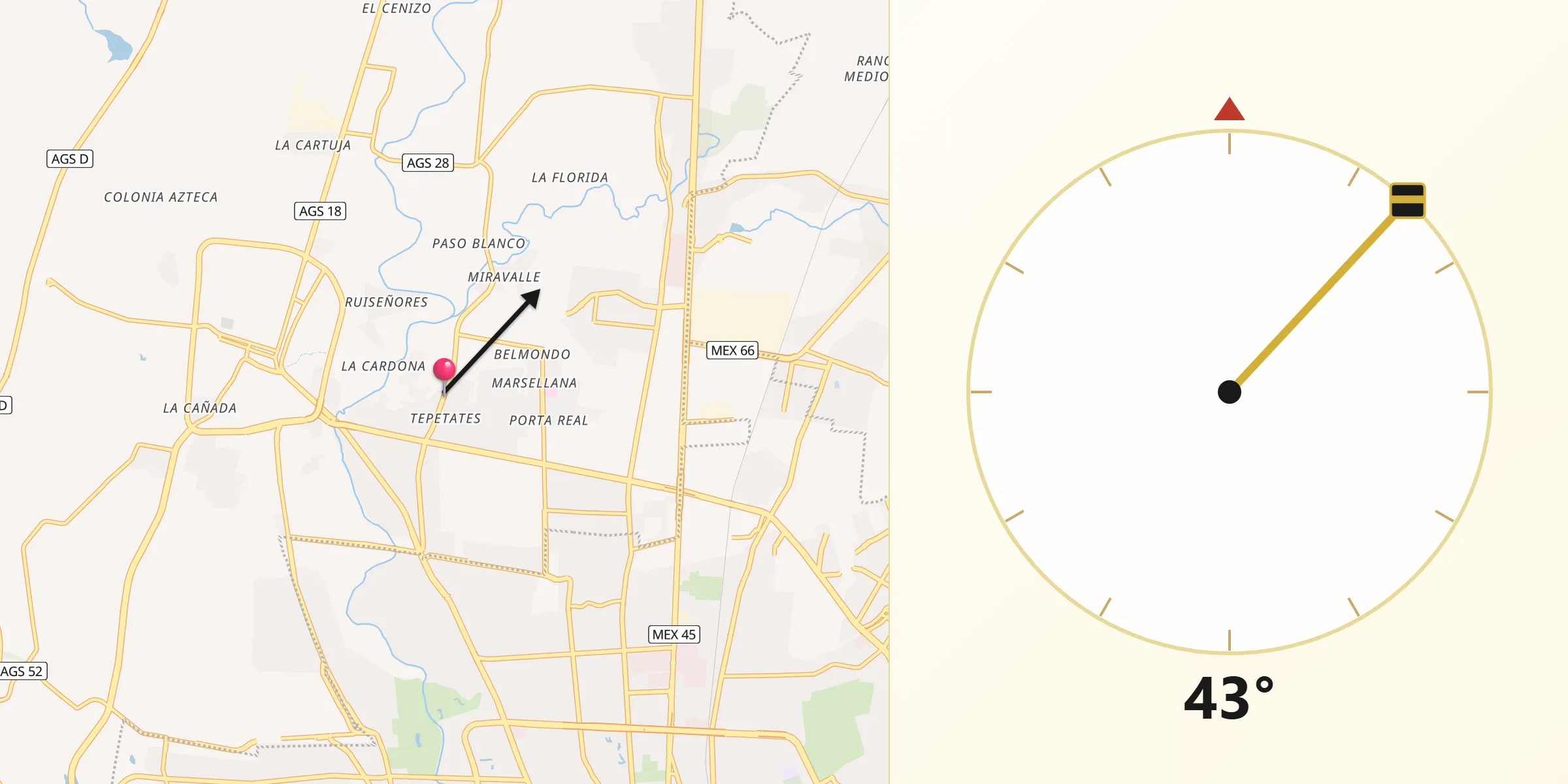 Dirección de la Qibla desde Tepetates