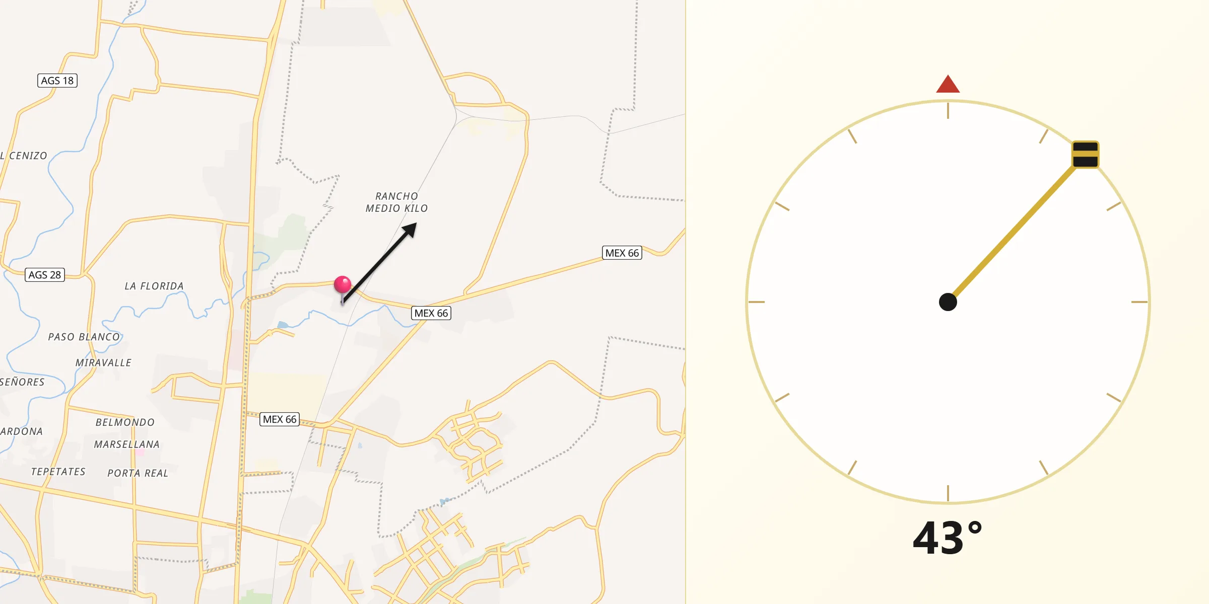 Dirección de la Qibla desde Ejido la Guayana (Rancho Seco)