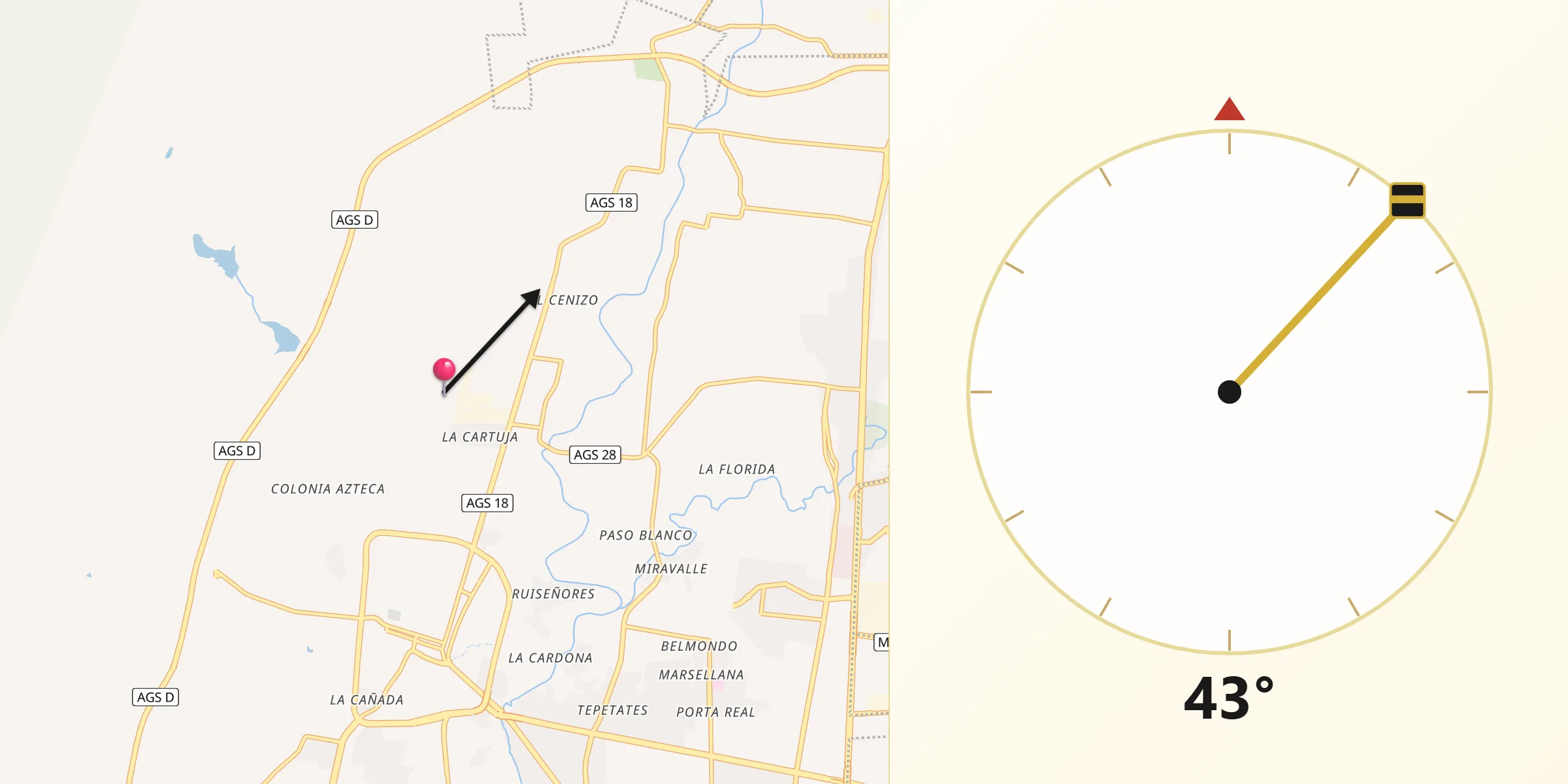 Dirección de la Qibla desde Paseos de las Haciendas [Fraccionamiento]