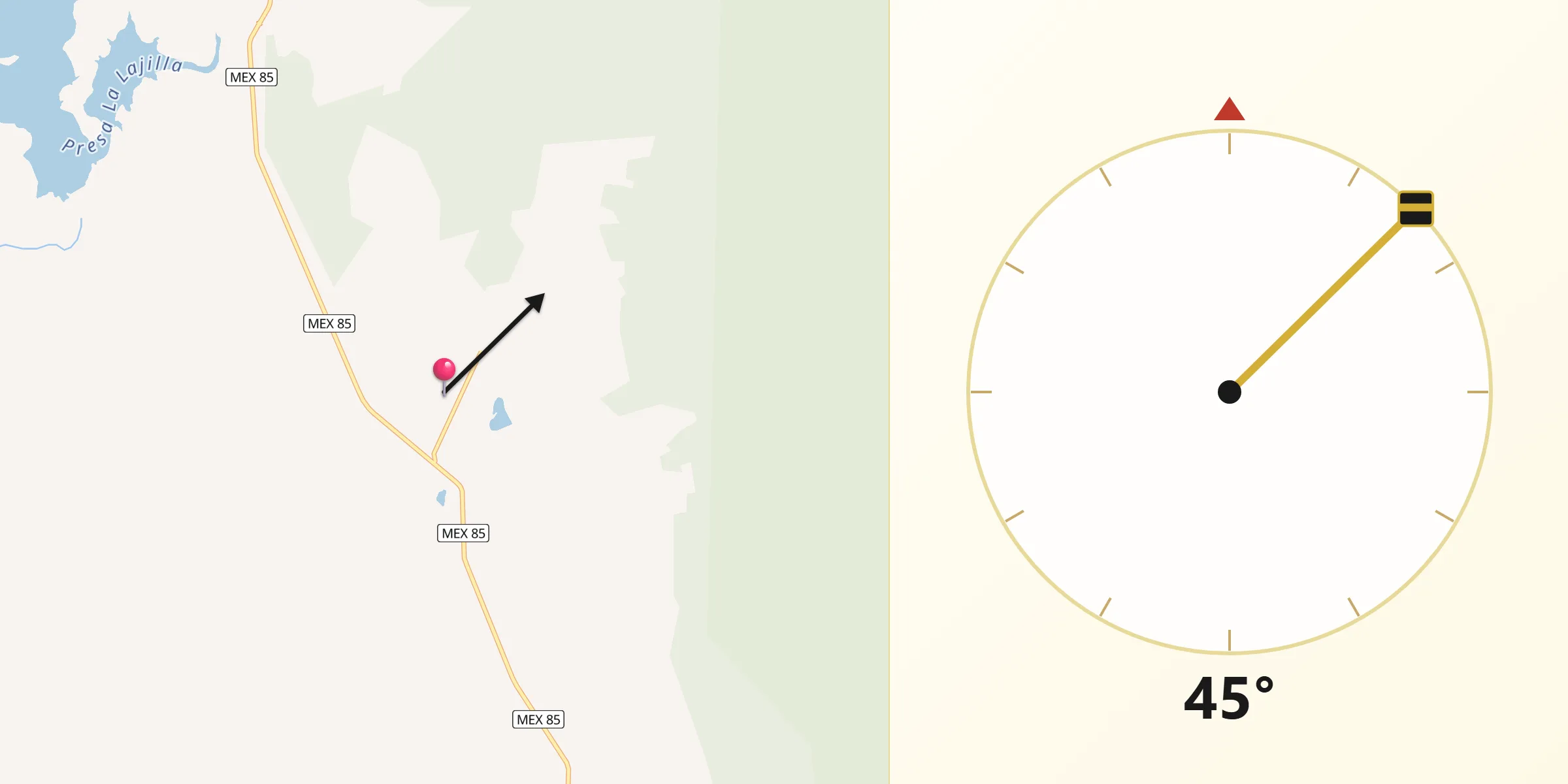 Dirección de la Qibla desde Laguna del Mante