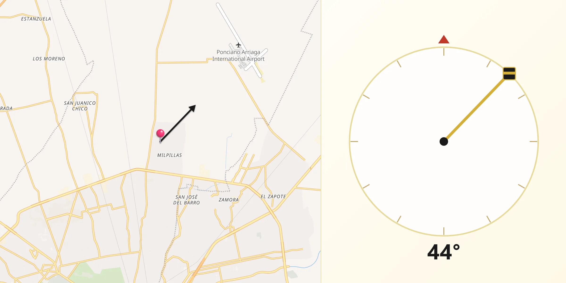 Dirección de la Qibla desde Fracción Milpillas