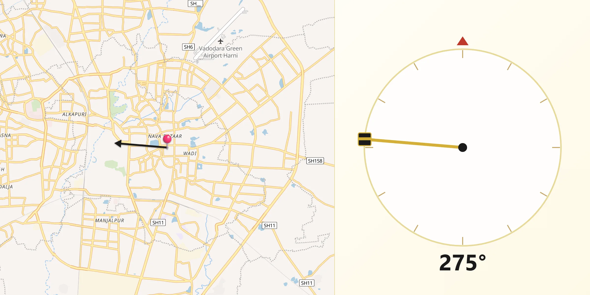 Qibla Direction from Vadodara