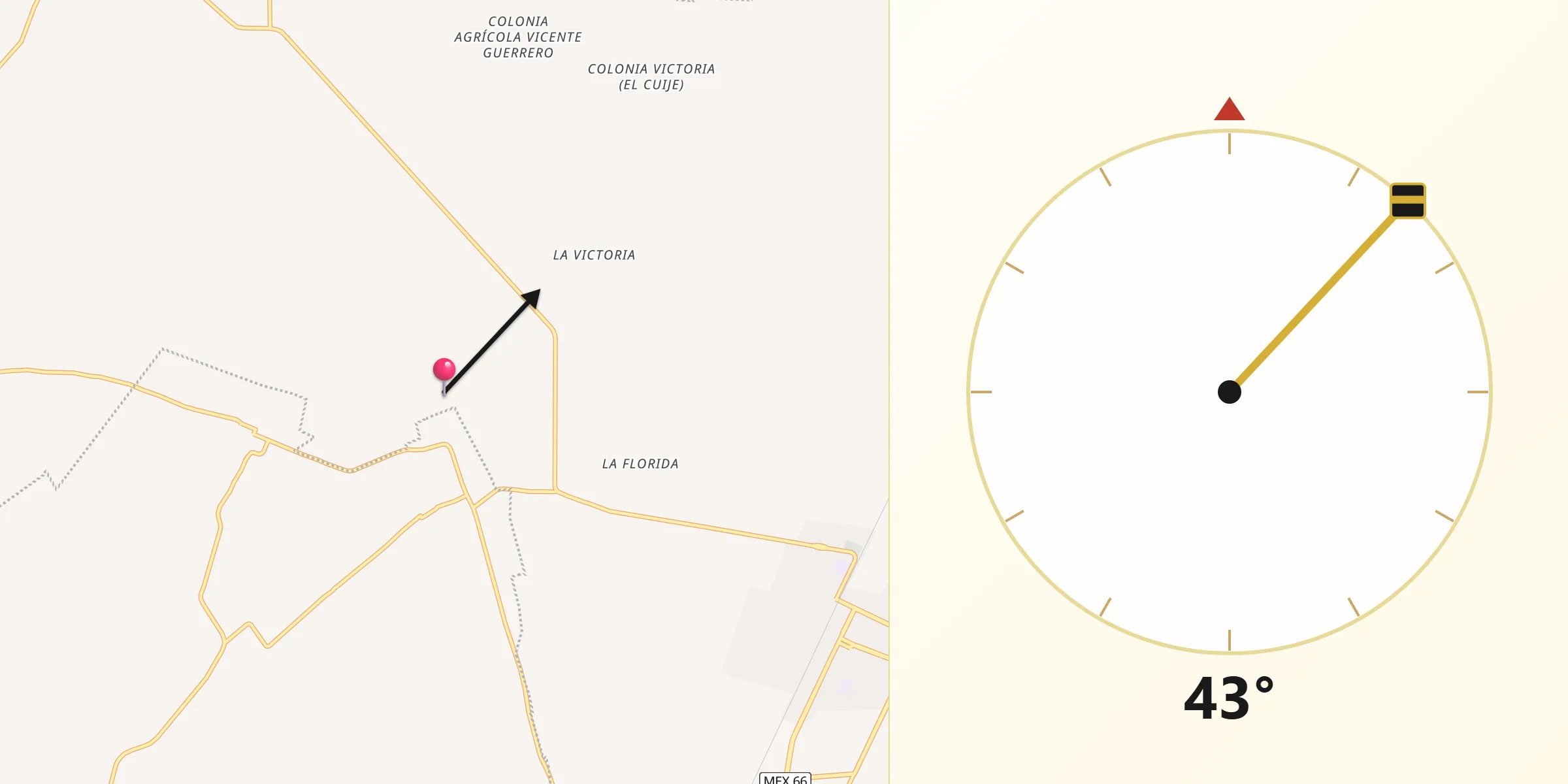 Dirección de la Qibla desde Ejido Hidalgo
