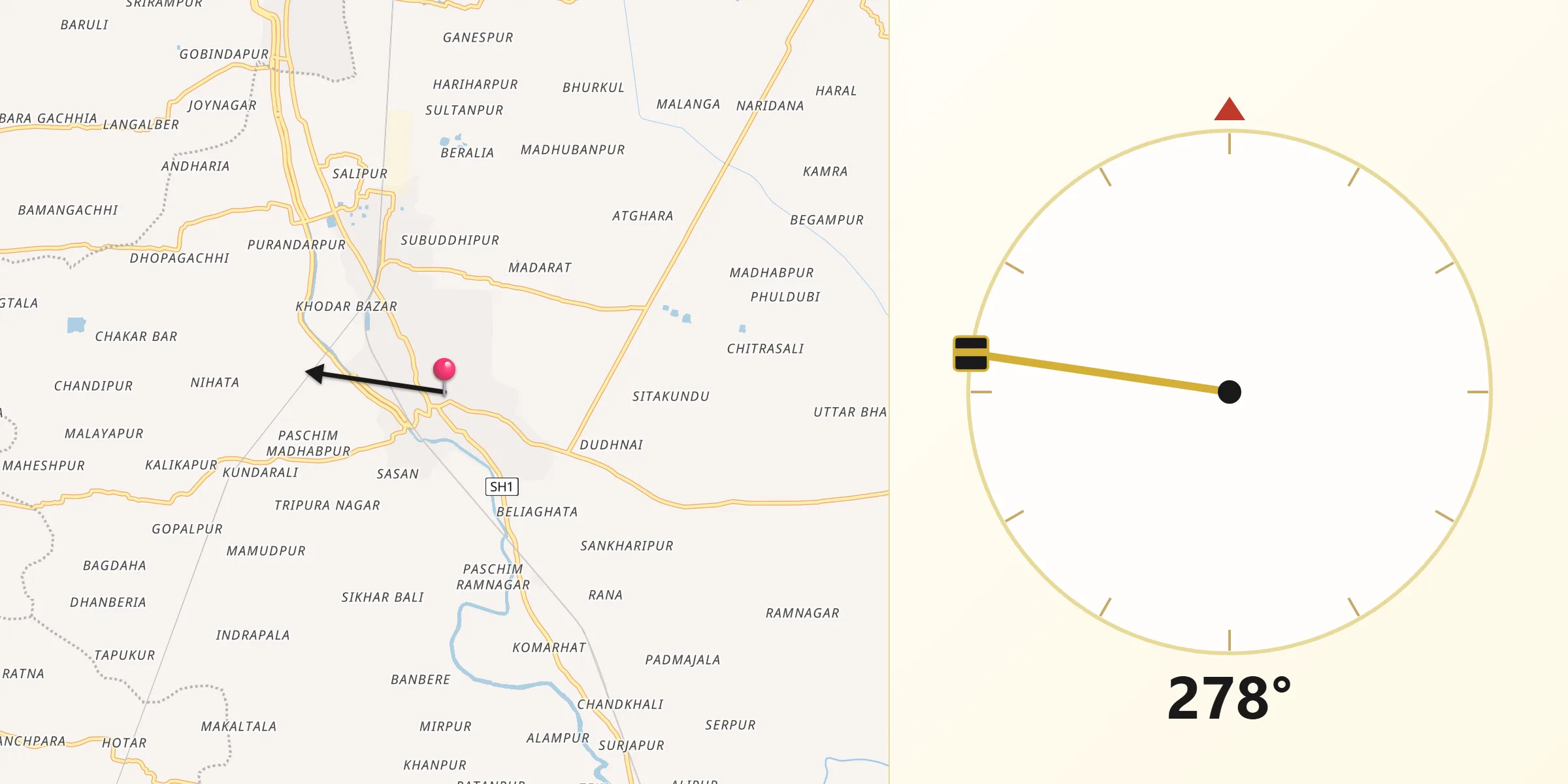 Qibla Direction from Baruipur