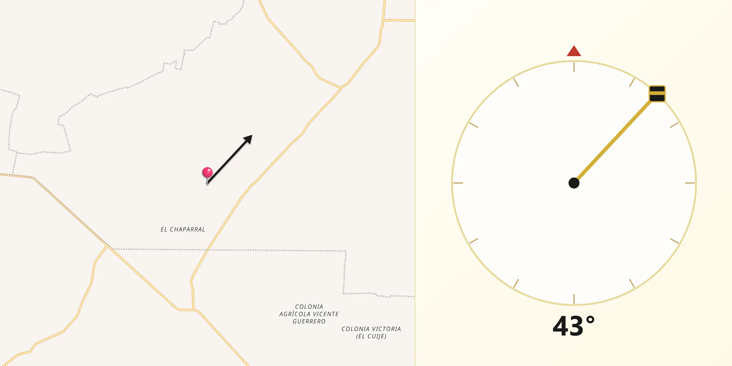 Dirección de la Qibla desde General Lauro G. Caloca (El Rascón)