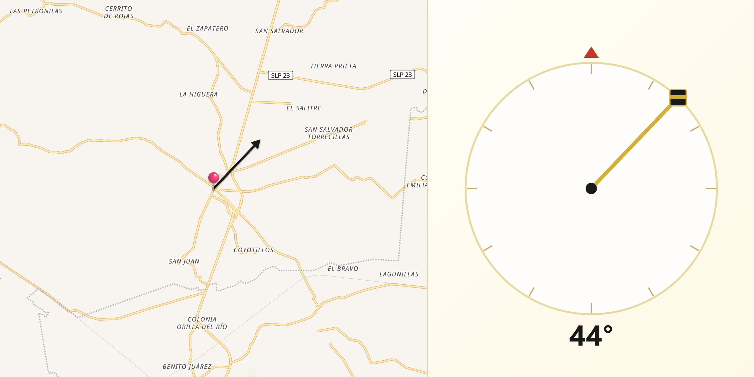 Dirección de la Qibla desde Ahualulco del Sonido Trece