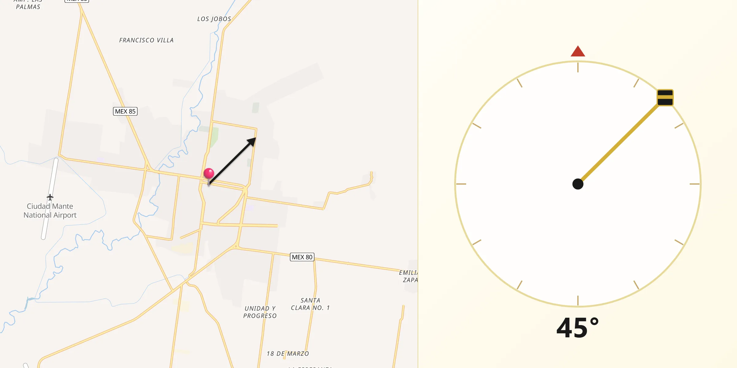 Dirección de la Qibla desde Ciudad Mante