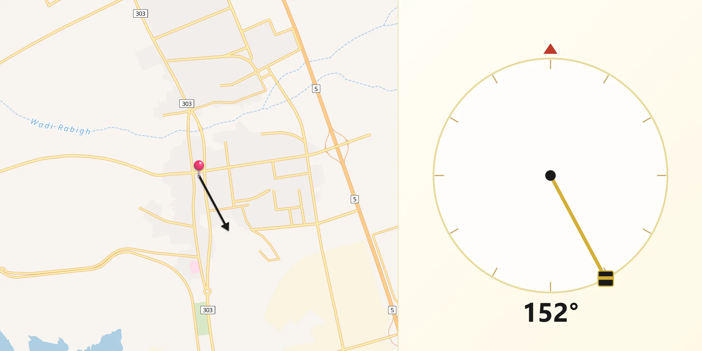 Direction vers la Qibla depuis Rābigh
