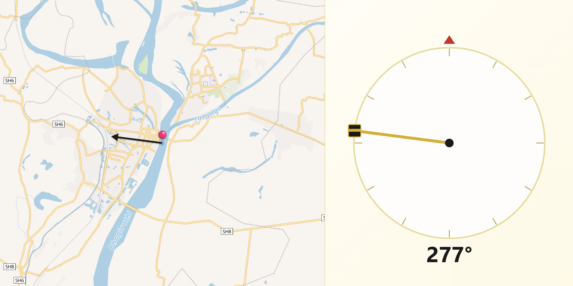 Qibla Direction from Nabadwip