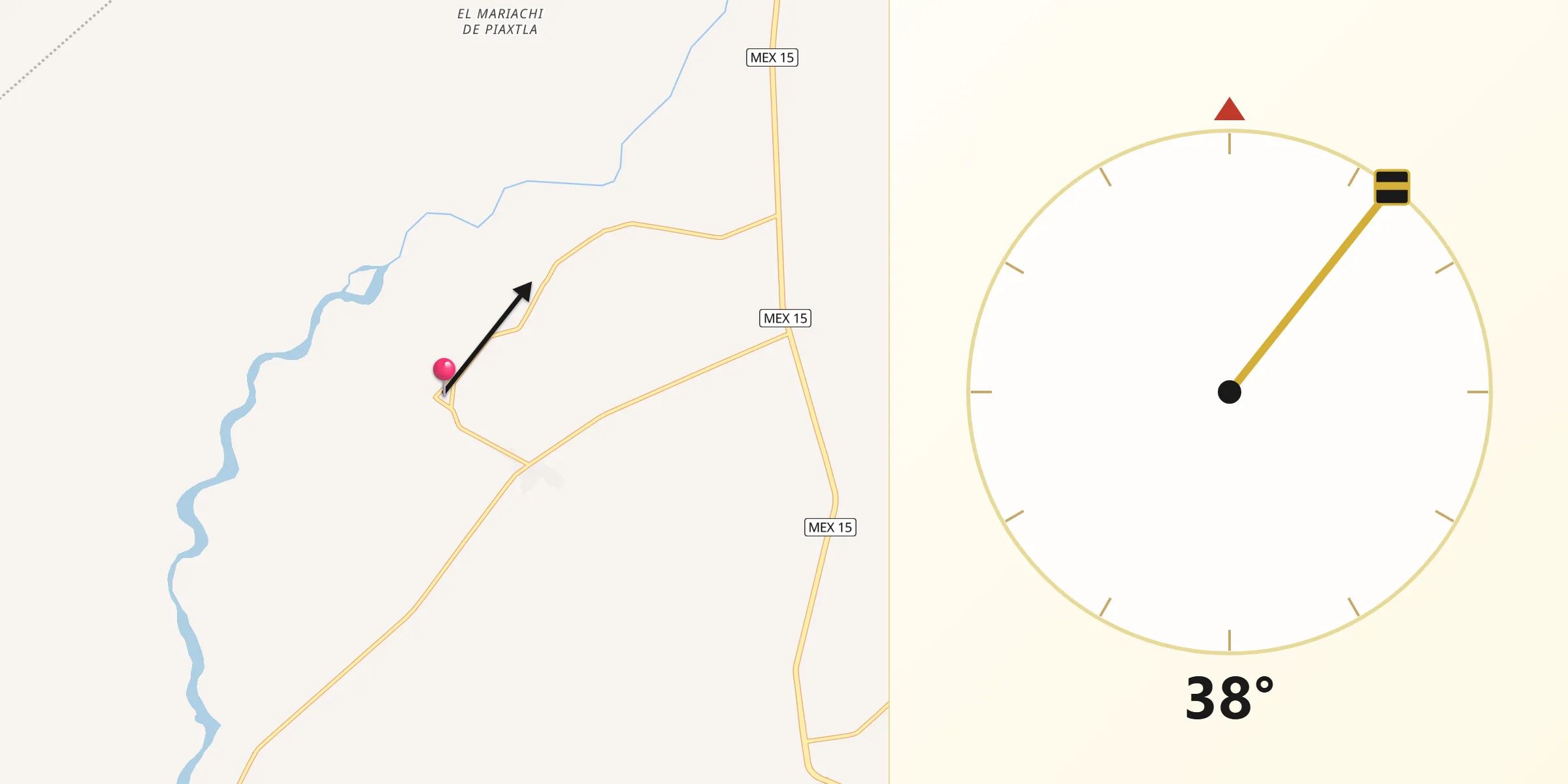 Dirección de la Qibla desde Piaxtla de Abajo