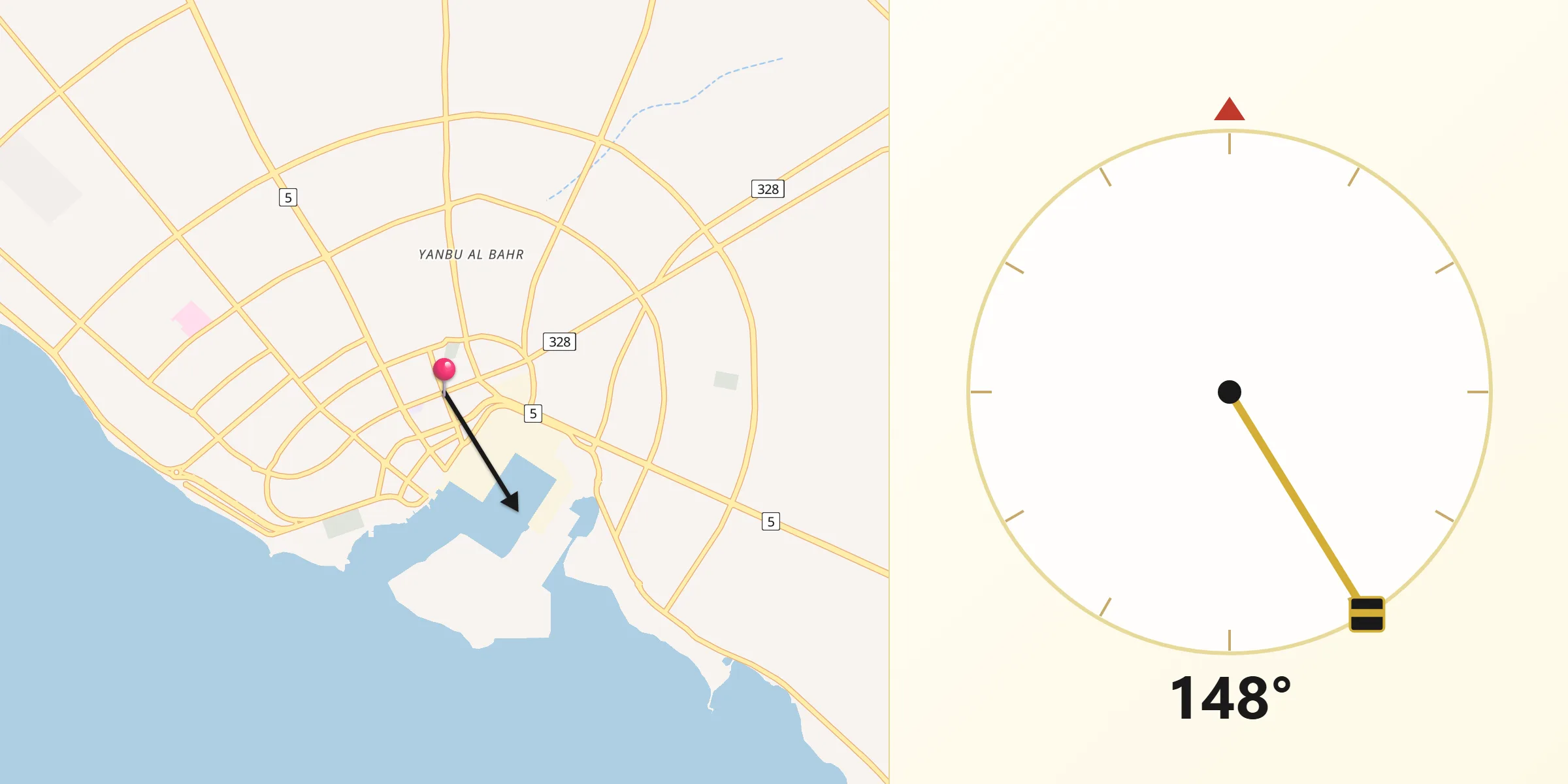 Qibla-Richtung von Yanbu’ al-Bahr