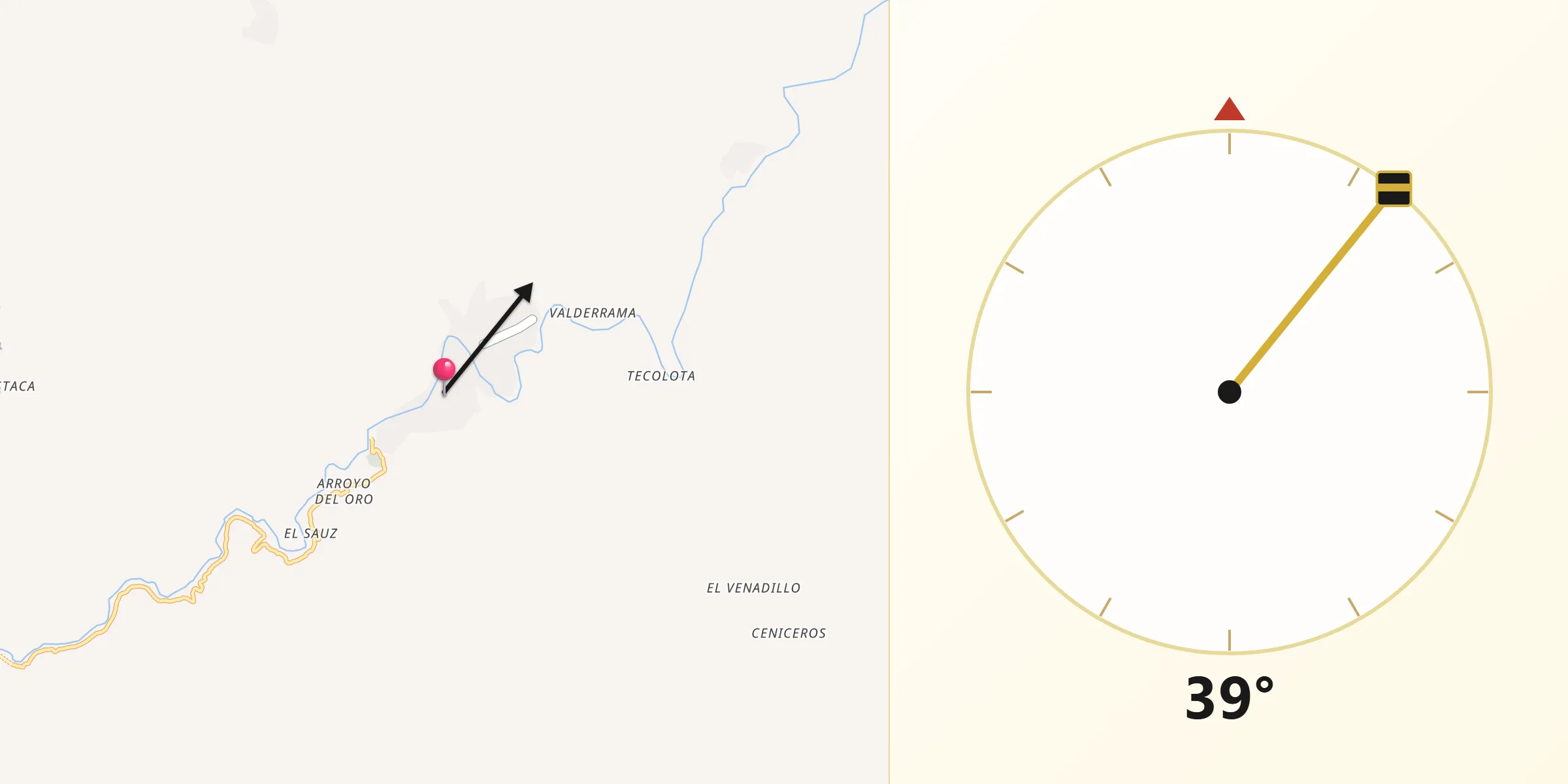 Dirección de la Qibla desde Tayoltita