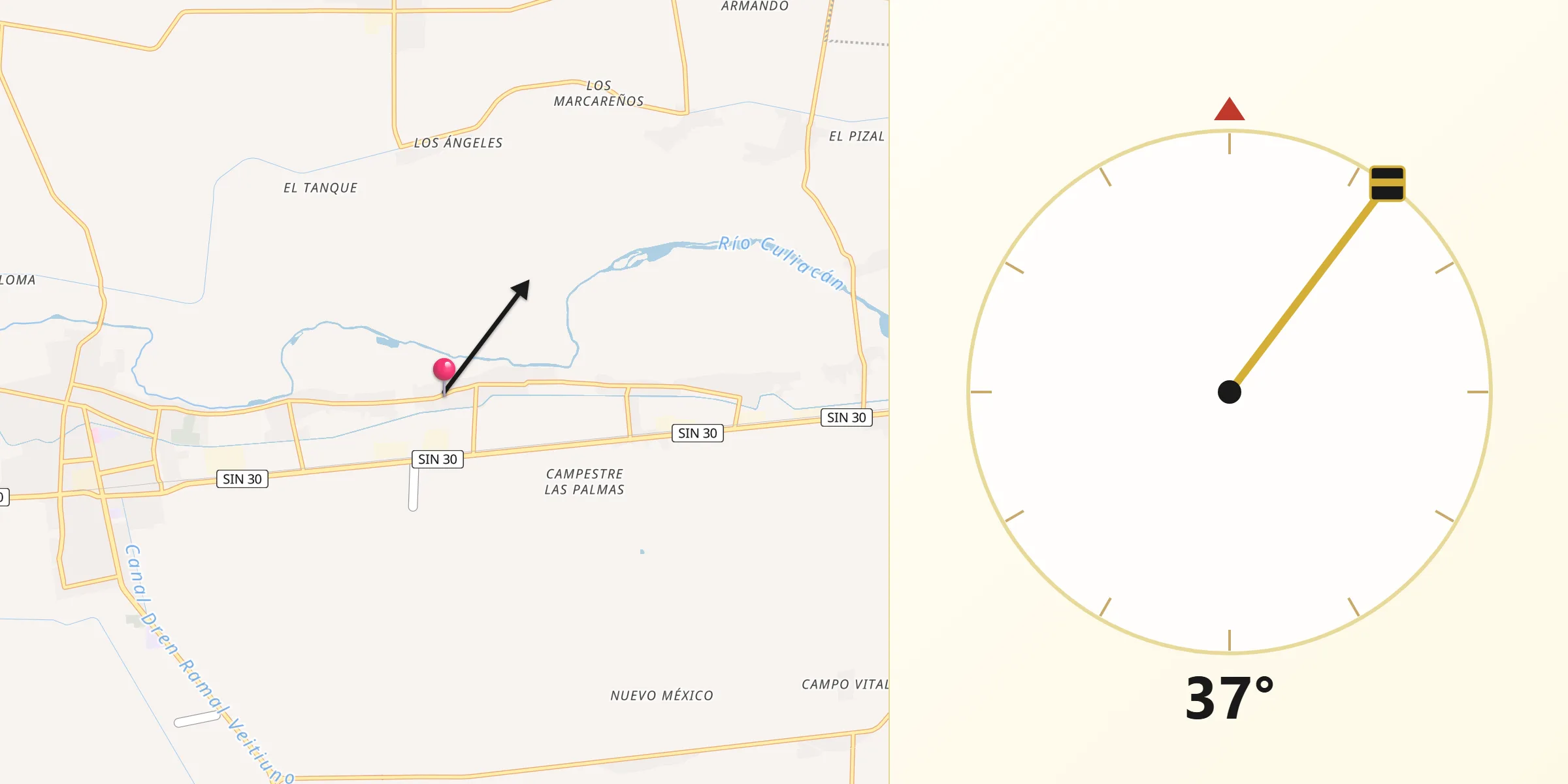 Dirección de la Qibla desde Cofradía de Navolato (Cofradía de los Rocha)